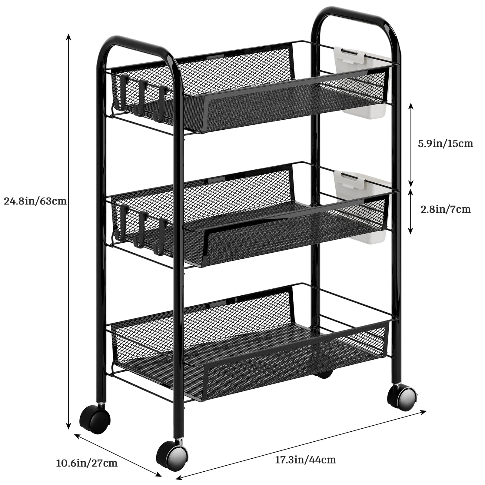 Carrello impilabile a 5 ripiani in rete metallica con ruote a 360°, cestino per frutta e verdura alto 104 cm, per cucina, dispensa e bagno, nero