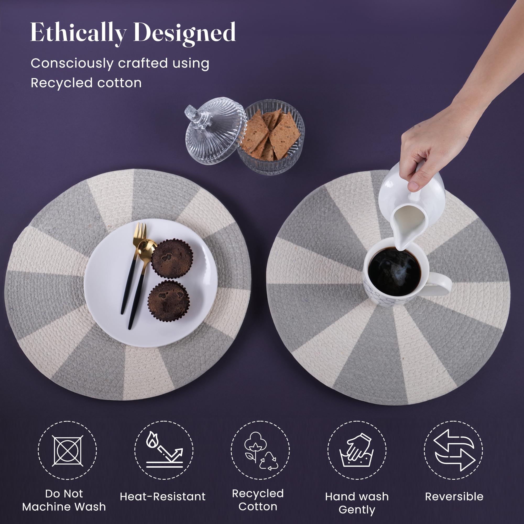 The Fine Living Co. - Manteles individuales trenzados de algodón estampado (juego de 6, 13.5 pulgadas), lavables, antideslizantes, resistentes al calor, manteles redondos tejidos bohemios para