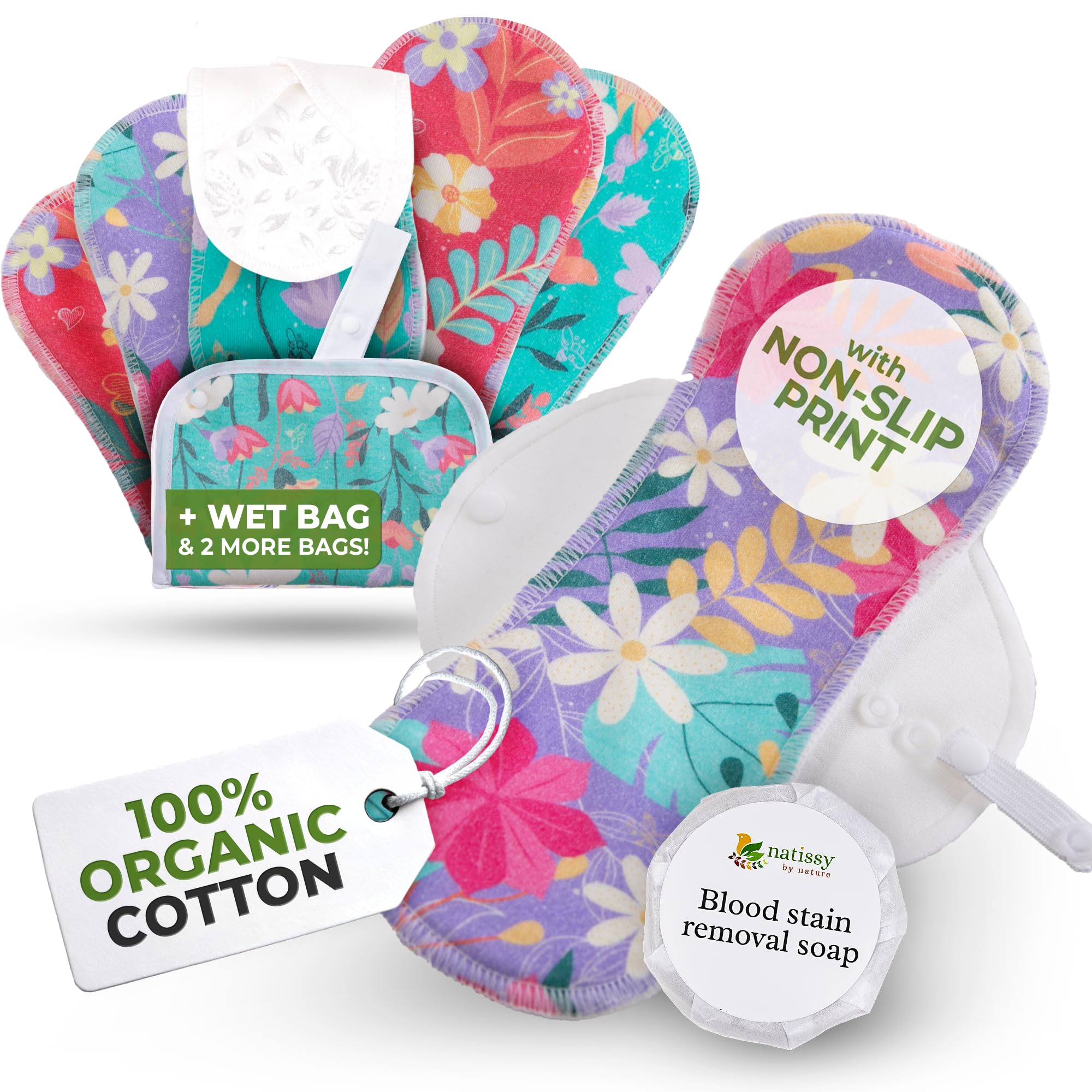 Natissy Compresas Reutilizables de Algodón Orgánico para Mujer, Lavables, Suaves, No Irritantes y Reutilizables - Pack 6 Tallas L+XL - Made in EU