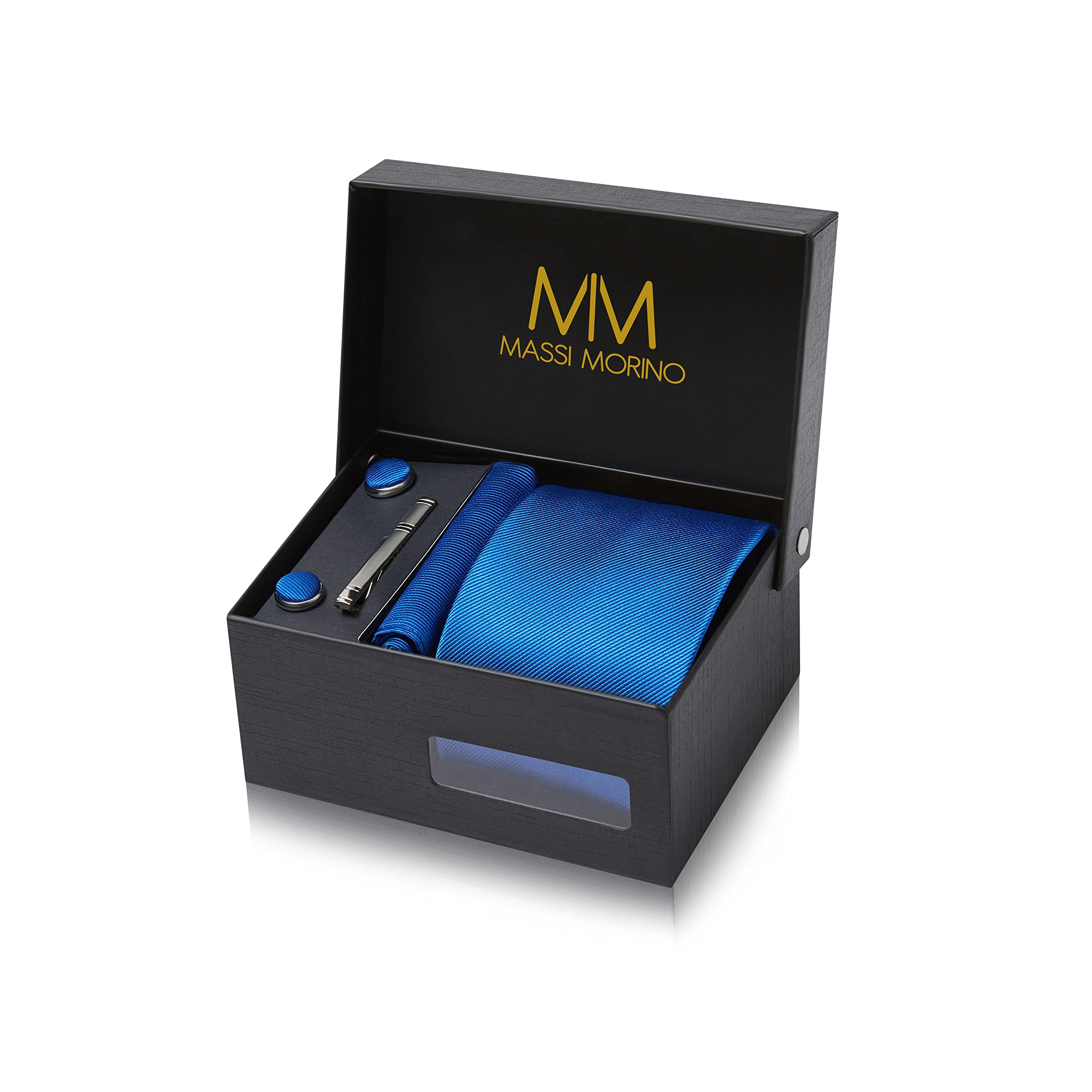Massi Morino Krawatte mit Einstecktuch Set Herren inkl. Manschettenknöpfe, Krawattennadel und Geschenkbox - Männer Krawattenset zur Hochzeit