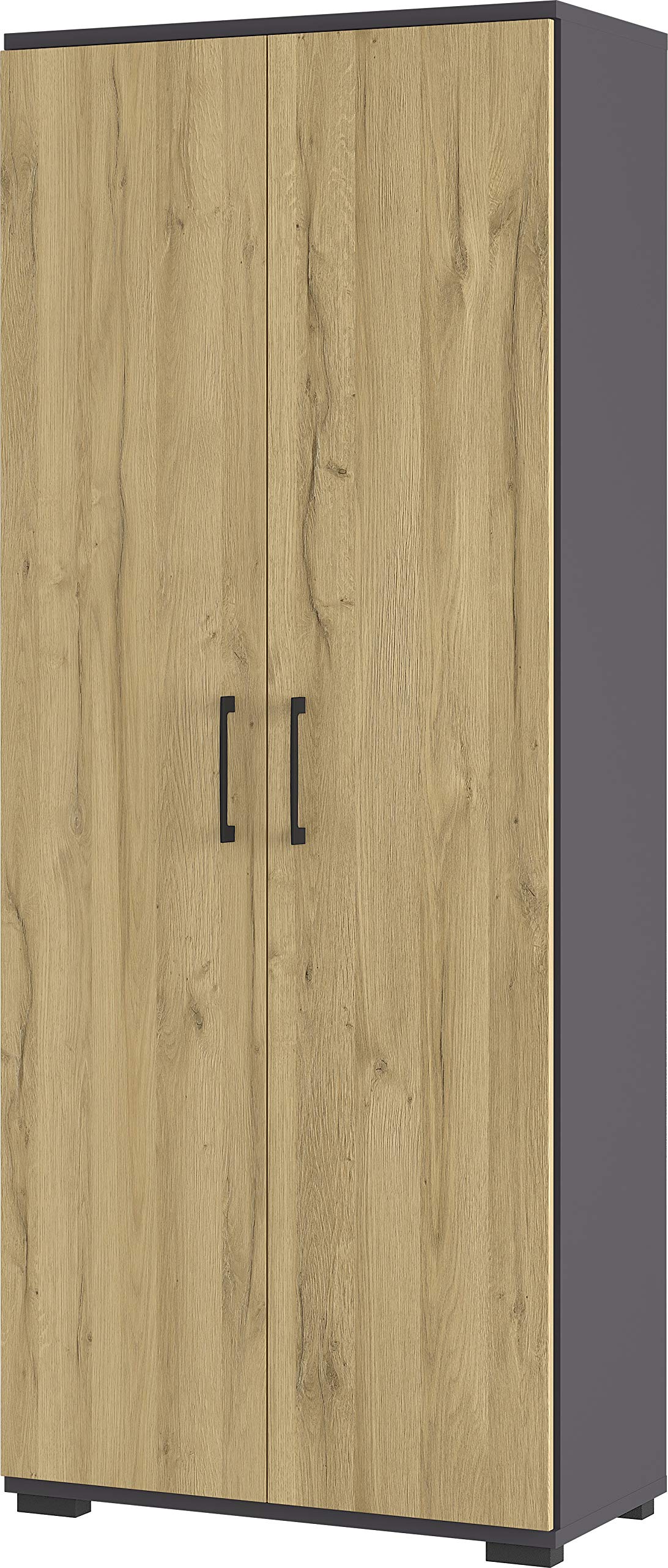 Aktenschrank mit Zwei Türen, fünf Fächer in Ordnerhöhe, Bügelgriffe aus Metall, in Graphit/Eiche, 80 x 200 x 40 cm (BxHxT)