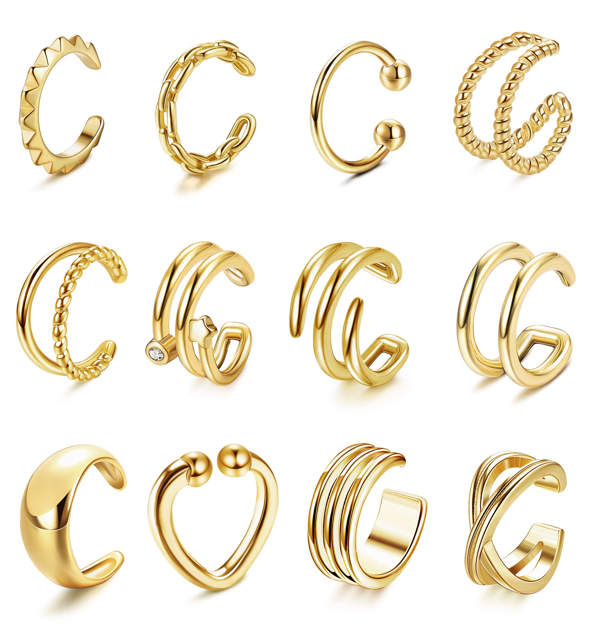 FIBO STEEL 18K Gold Plated Ear Cuffs for Women Non Pierced Ears Huggie Cuff Earrings Clip On Cartilage 12Pcs, Brass, Cubic Zirconia