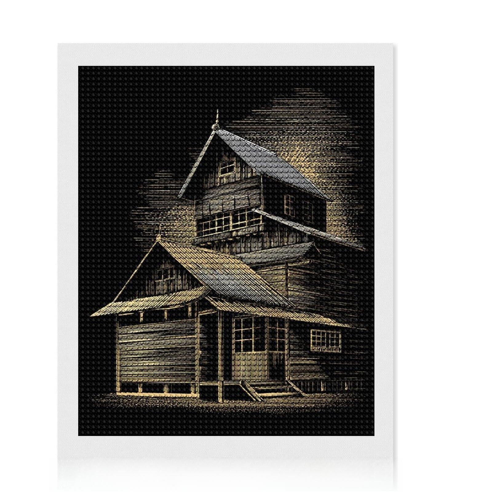 Junmoney Detailed House Illustration on Black Background Diamond Painting Set 16"x20", for Craft Lovers, Creative Leisure Activity, Farmhouse Decor, Holiday Gift Idea
