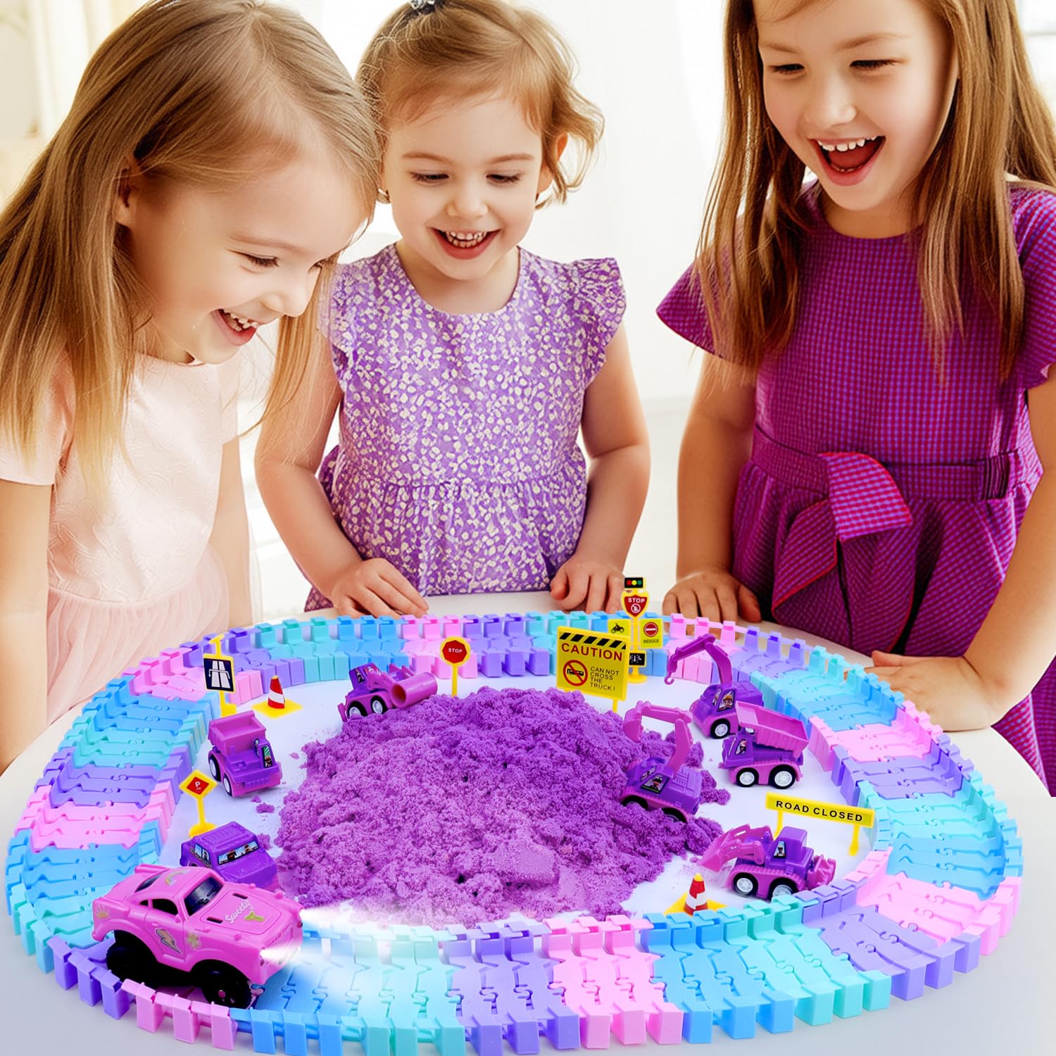 132 pcs Construction Sand Kit|w/ 2.2lbs Magic Sand|96pcs Flexible track|1 Racing car|Sandbox|8 Construction Car|Multiple sand model&puppy accessories Sensory Bin Toys for Toddlers Boys Girls Ages 3-8