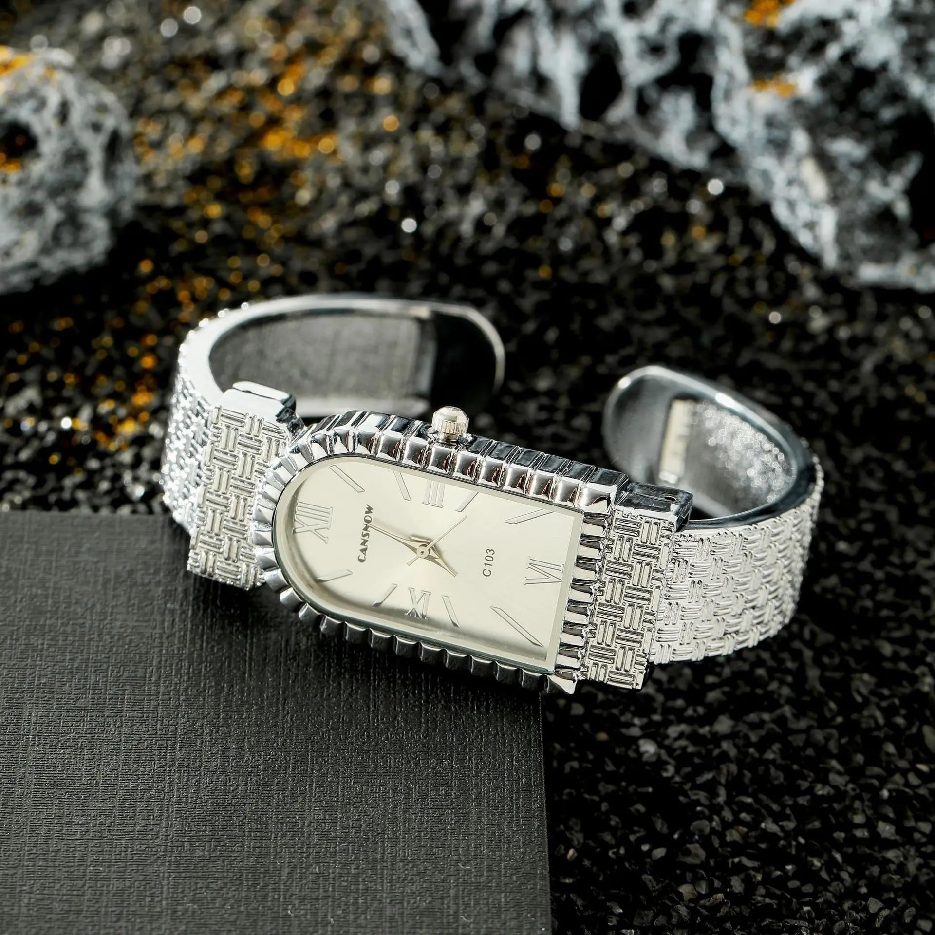 Römische Anmut Spangenuhr Damen Uhren Damen Spangenuhren Armreif Armbanduhr Armspange Damenuhr mit Strukturiertem Metall-Armband