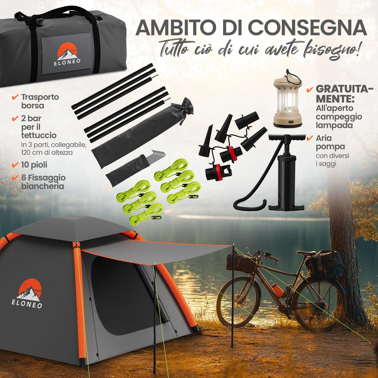 ELONEO tenda gonfiabile per 1-4 persone con tettoia e pompa ad aria, tenda da campeggio impermeabile, tenda ad aria ultraleggera, inflatable tent, tenda glamping con luce LED gratuita