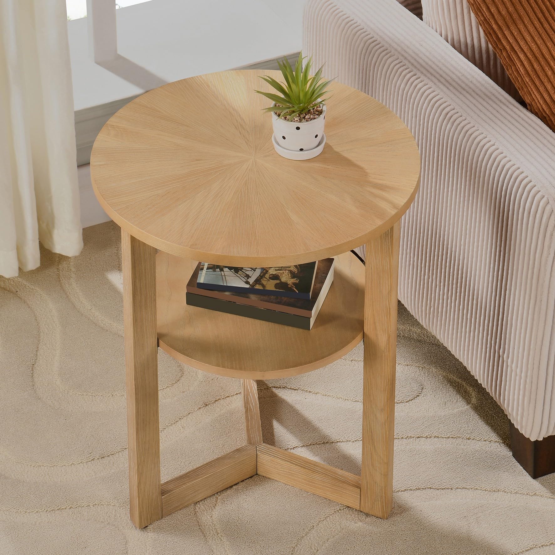 Round End Table, Rustic Side Tables with Storage Shelf, Classic Circular Solid Wood (BZ3338OA)