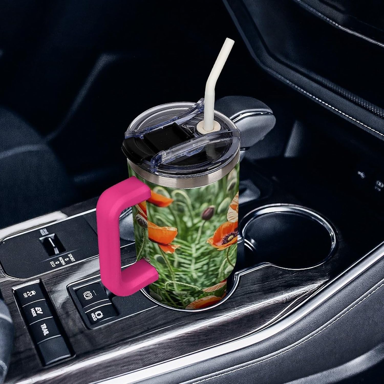 Red Poppy Flowers Leaves Travel Coffee Mug Reusable Durable Stainless Steel Insulated Tumbler with Handle And Straw Leak Resistant Portable Thermal Cup Gifts for Men Women 40 Oz