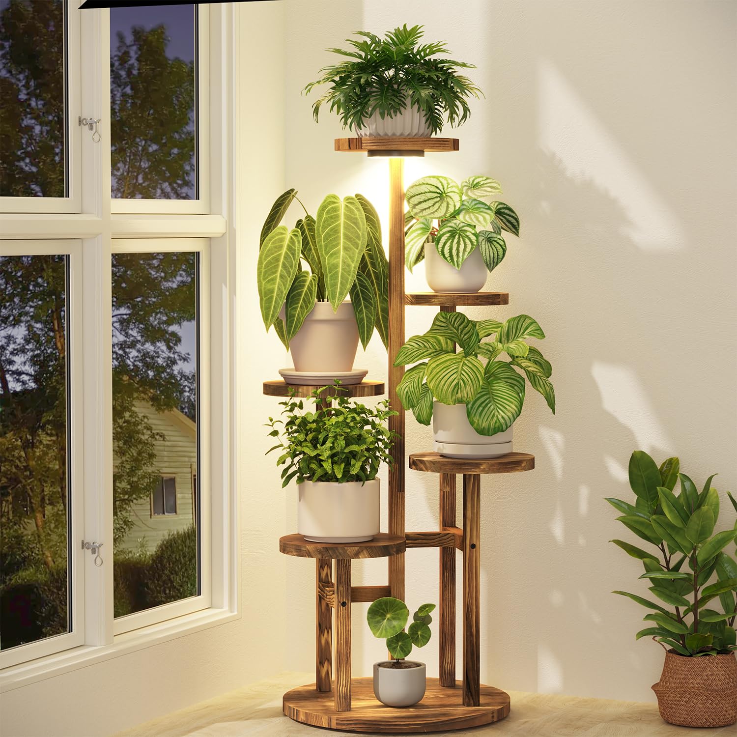 iDavosic.ly 5 Tier Wood Plant Stand Indoor Corner with Grow Light, Brown