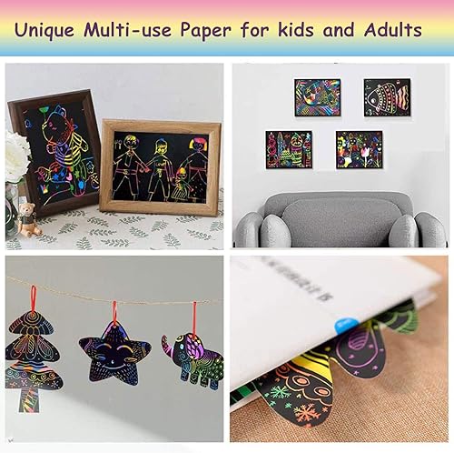 Miniatura 5 de Arte de papel para rascar para niños, juego de 100 piezas de arte de papel mágico arcoíris para rascar negro, arte y manualidades para niños de 3 a
