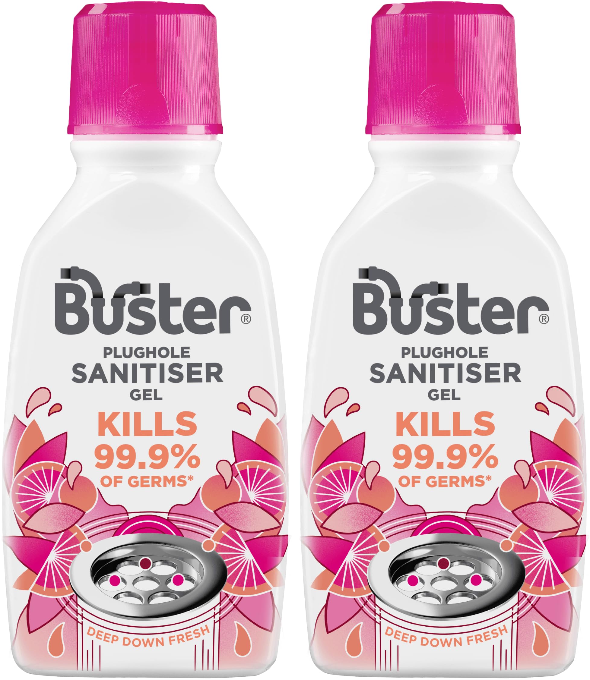 Buster Plughole Sanitiser Gel (Berry - Pack of 2 x 300ml) Fast-Acting Sink and Drain Cleaner for Bad Smells and Stains, Kills 99.9% Germs on Drains & Stainless Steel Sinks, Fresh Scent - Made in UK