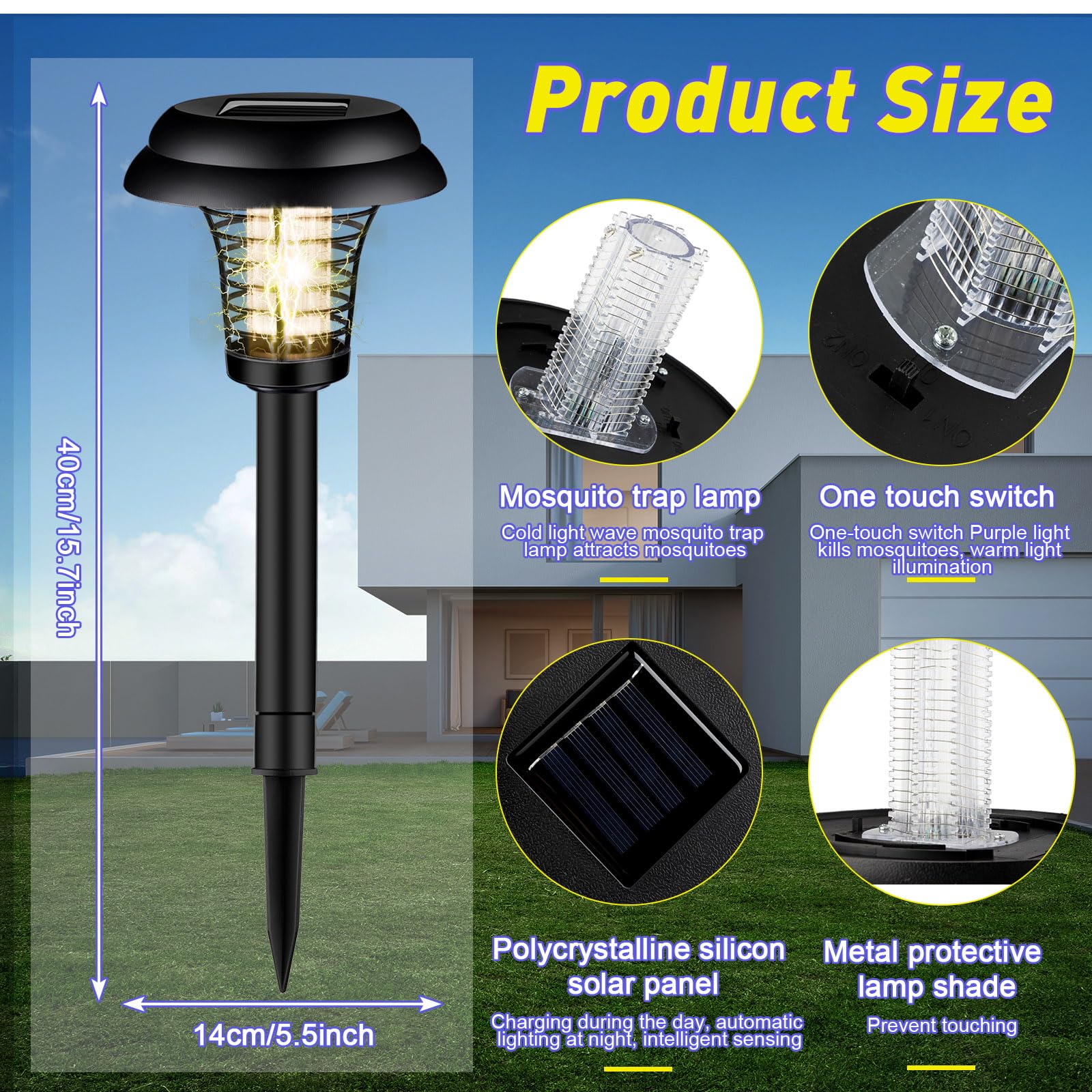 Qualirey 4 lampade a energia solare per insetti e zanzare, impermeabili, per uso interno ed esterno, giardino, patio (plastica, esterno nero/viola e luce calda)