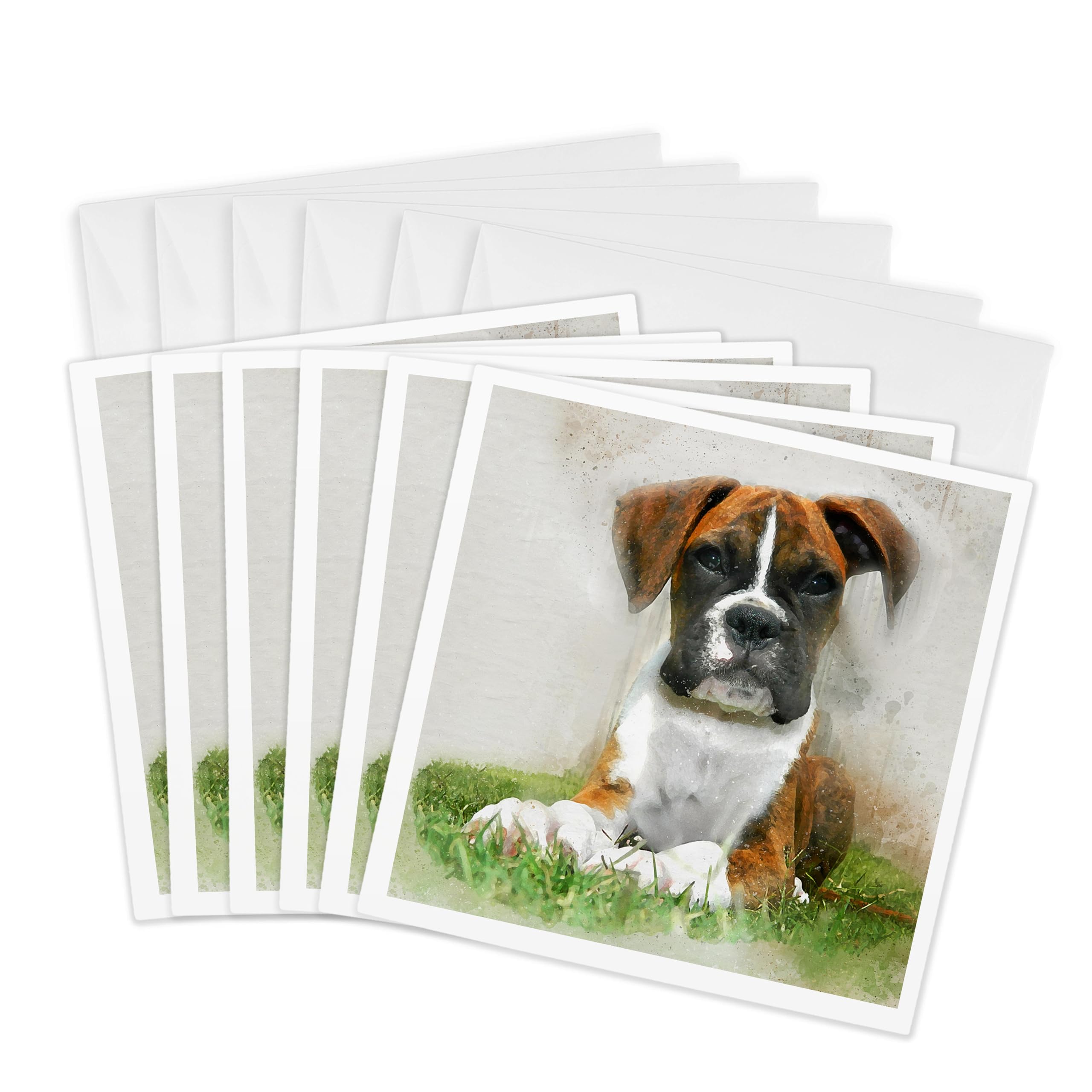 3dRose gc_245333_1 6 x 6-Inch"Boxer Puppy Dog Laying in The Grass Watercolor" Greeting Card (Pack of 6)