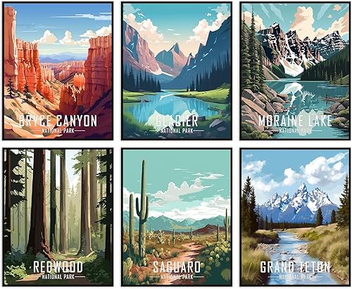 Nilem Design Juego de 6 pósteres retro del Parque Nacional, impresiones artísticas ilustradas de 8 x 10 pulgadas, decoración natural de estilo