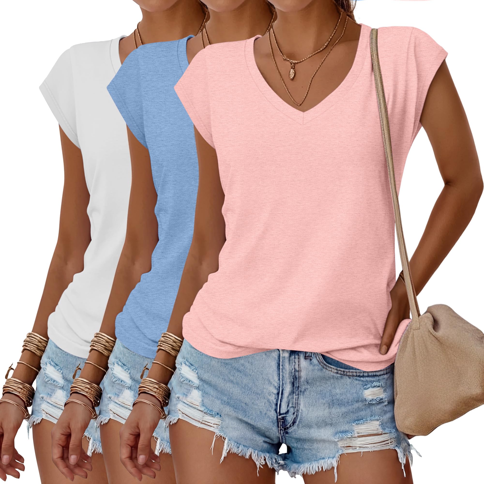 Huukeay 3 Pack Women's V Neck Short Sleeve Shirts | Soft but Sturdy Fabric, Roomy Drapey Fit, Cap Sleeve, Casual Summer Wear, Year-Round Wearable Style