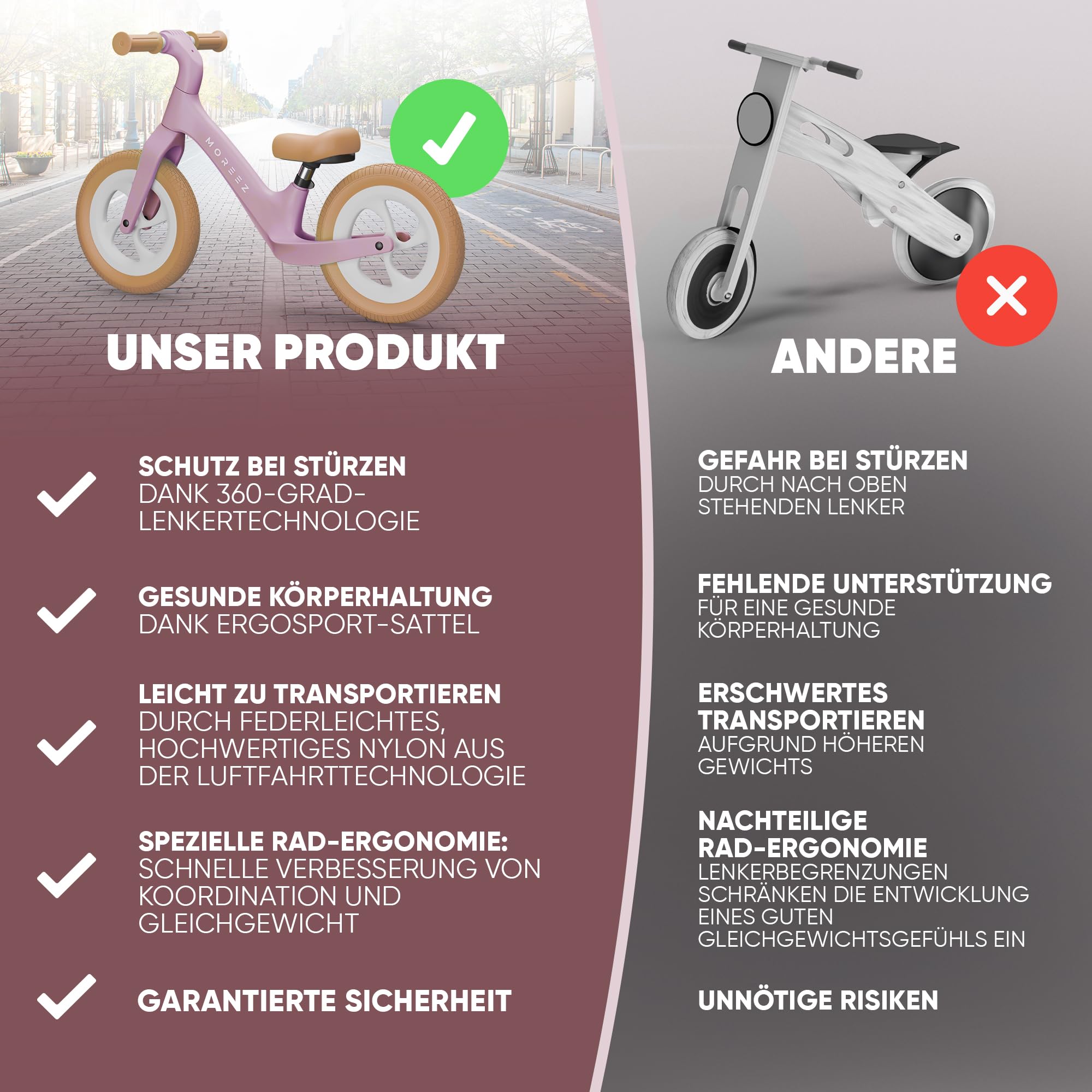 MOREEZ® Laufrad ab 2 Jahre [2-5 Jahre] Ultraleichtes Kinder-Laufrad mit Sturzschutz, Ergonomischer Sitz, 50Kg Pannensichere 12 Zoll Räder, rutschfeste Fußstütze, Höhenverstellbar Mädchen Junge