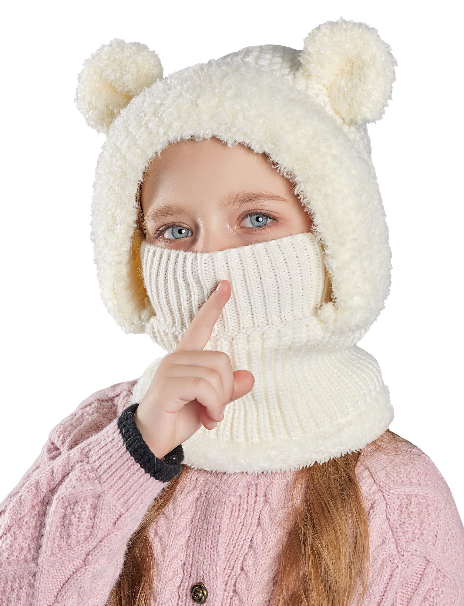 Maeau Berretto invernale per bambini e bambine, 4-10 anni, berretto invernale lavorato a maglia, in pile con 2 pompon 2 in 1, passamontagna e sciarpa ad anello, berretto a maglia