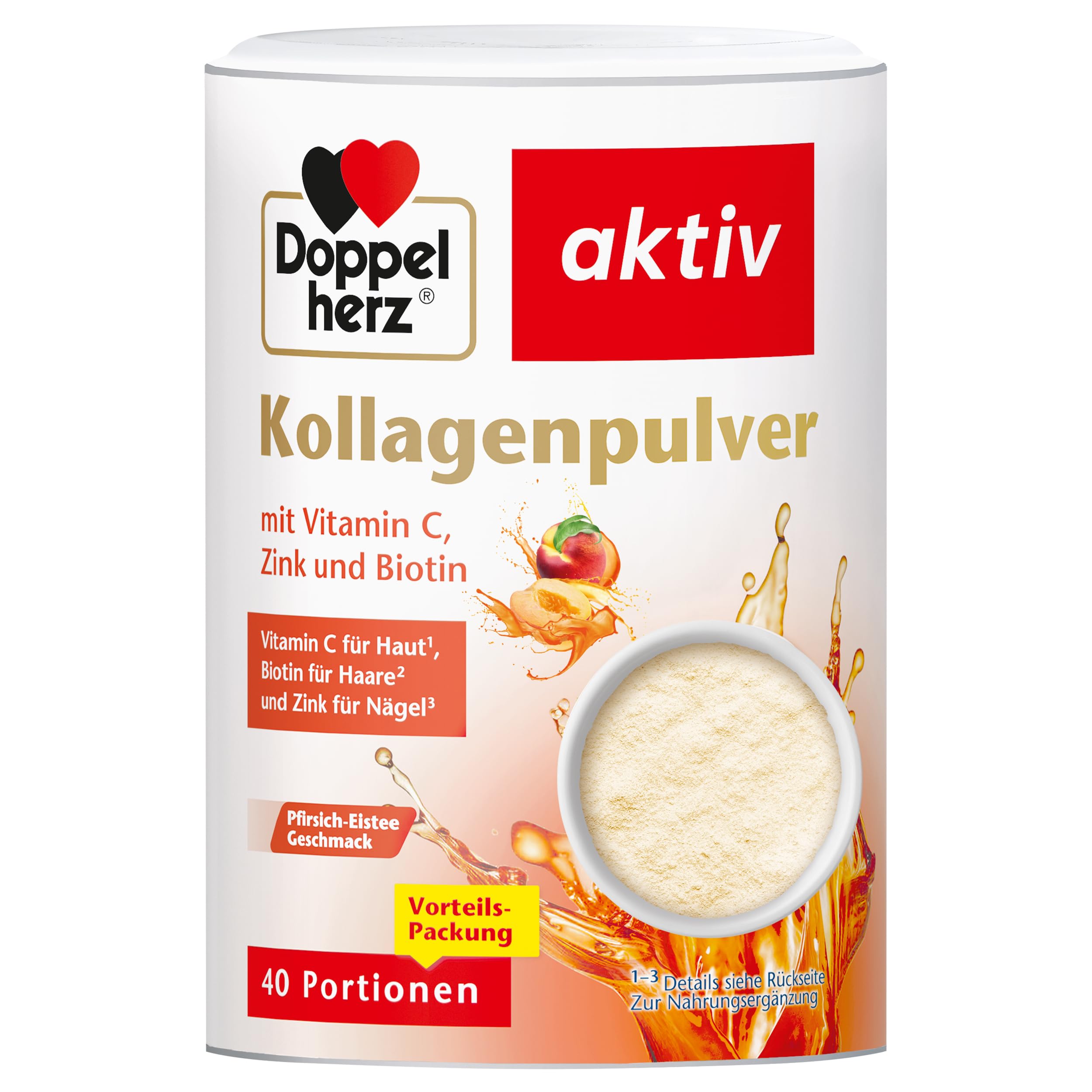 Doppelherz Kollagenpulver mit Vitamin C, Zink und Biotin, 5000 mg Kollagenhydrolysat je 7,5 g Pulver, 40 Portionen, Pfirsich-Eistee Gechmack, 300 g