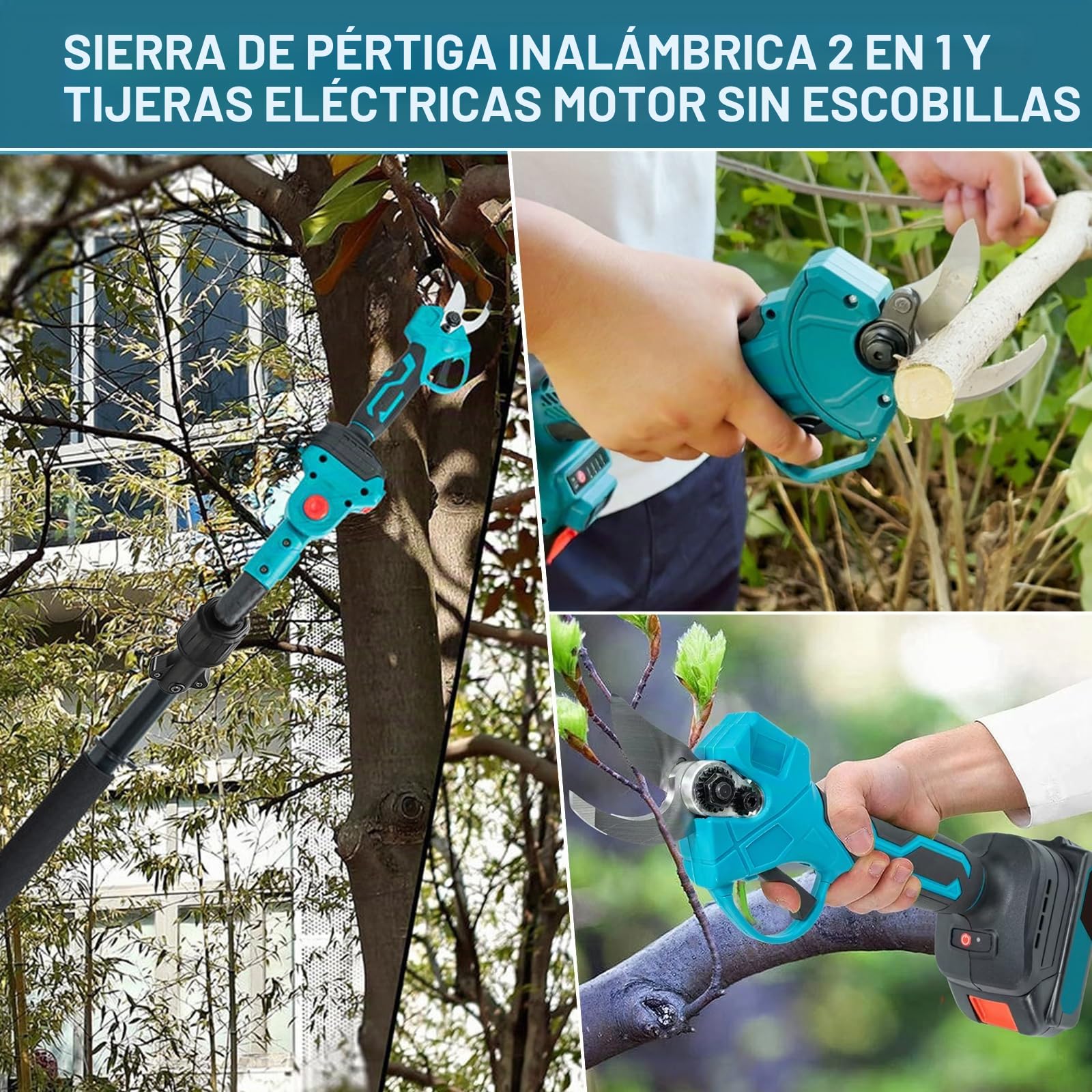 Kit 4-en-1 Tijeras de Podar y Motosierra Inalámbrica, Mini Motosierra Inalámbrica de 6" con 2 Baterías 4.0Ah y Cargador, Podadora de Altura Inalámbrica con Mango Telescópico & Sierra Eléctrica