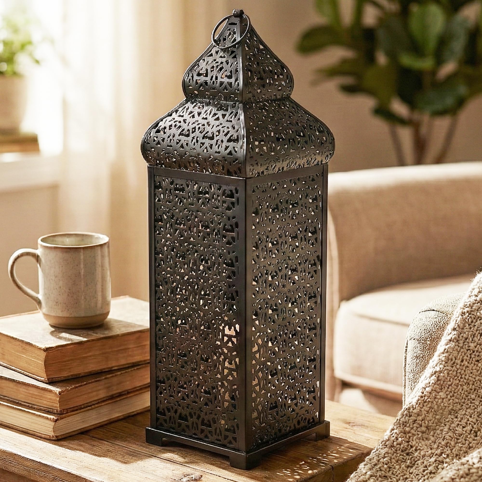 VELA LANTERNS Lanterne marocaine extra large de 56 cm pour décorations de Ramadan, à suspendre, terrasse ou porche, décoration d'intérieur - Noir