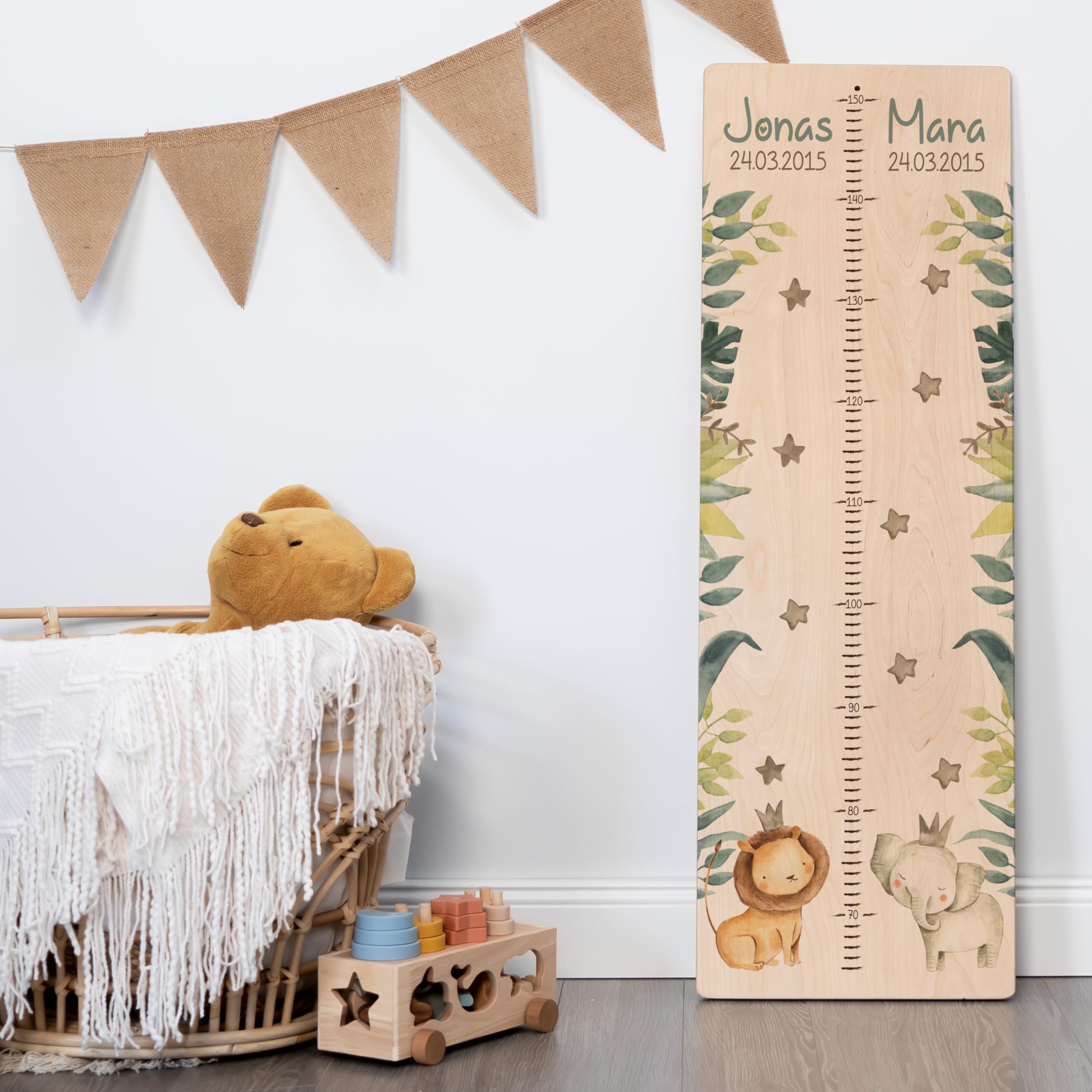 Kidsmood Personalisierte Geschwister-Messlatte aus Holz, Kinderzimmer Deko für Mädchen und Jungs, Personalisiertes Geschenk für Babys und Kinder, Messlatte Kind Holz