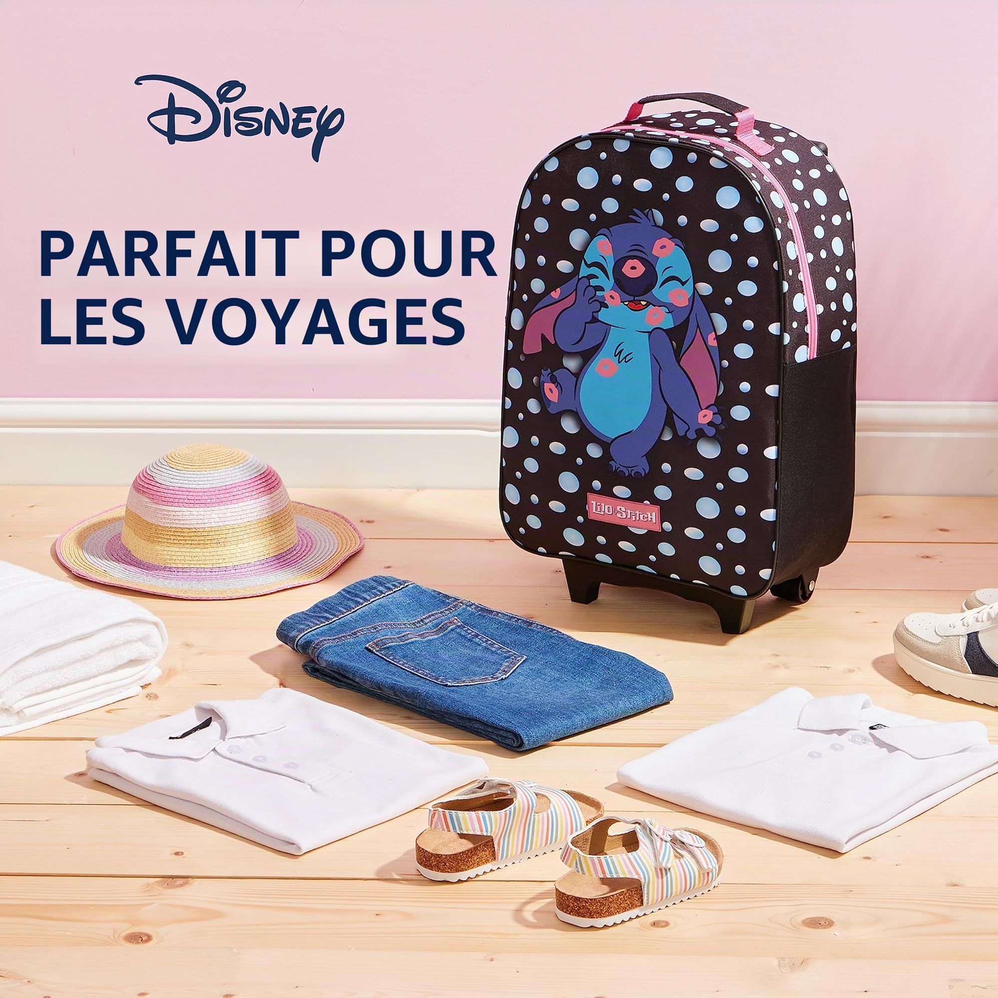 Disney Valise Enfant Fille Valise Stitch Minnie Elsa Reine des Neiges Petite Valise Souple roulettes Pliables Trolley Bag Bagages Enfant Voyage Cabine Sac Trolley Enfant (Noir Stitch)