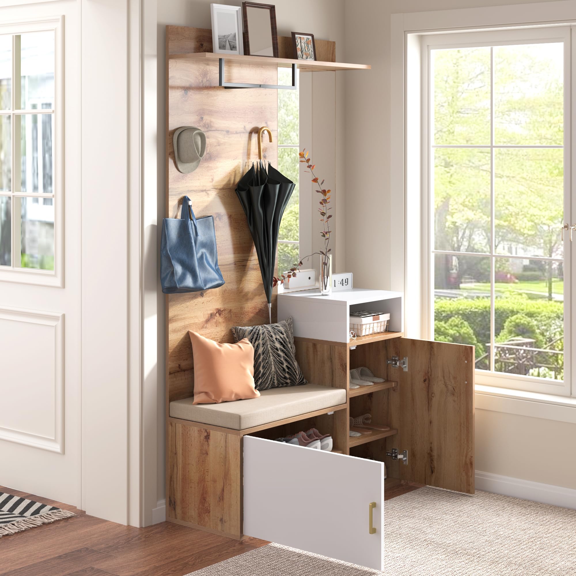 Conjunto de Recibidor de Entrada con Espejo y Ganchos, Perchero de Pared con Banco Zapatero, Juego de Mueble Recibidor con Espacio de Almacenamiento y Puertas, 190,5x105x40 cm, Natural+Blanco