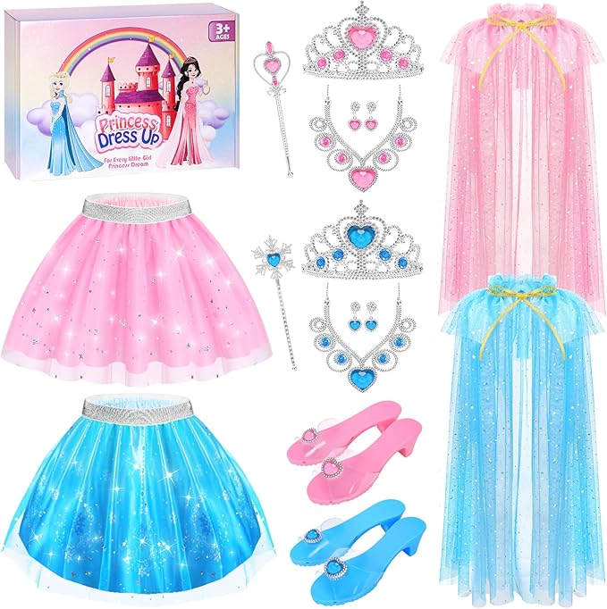 Princess Dress Up Clothes for Little Girls Toddlers, Princess Costume Set with Princess Cape, Tutu, Crown, Shoes