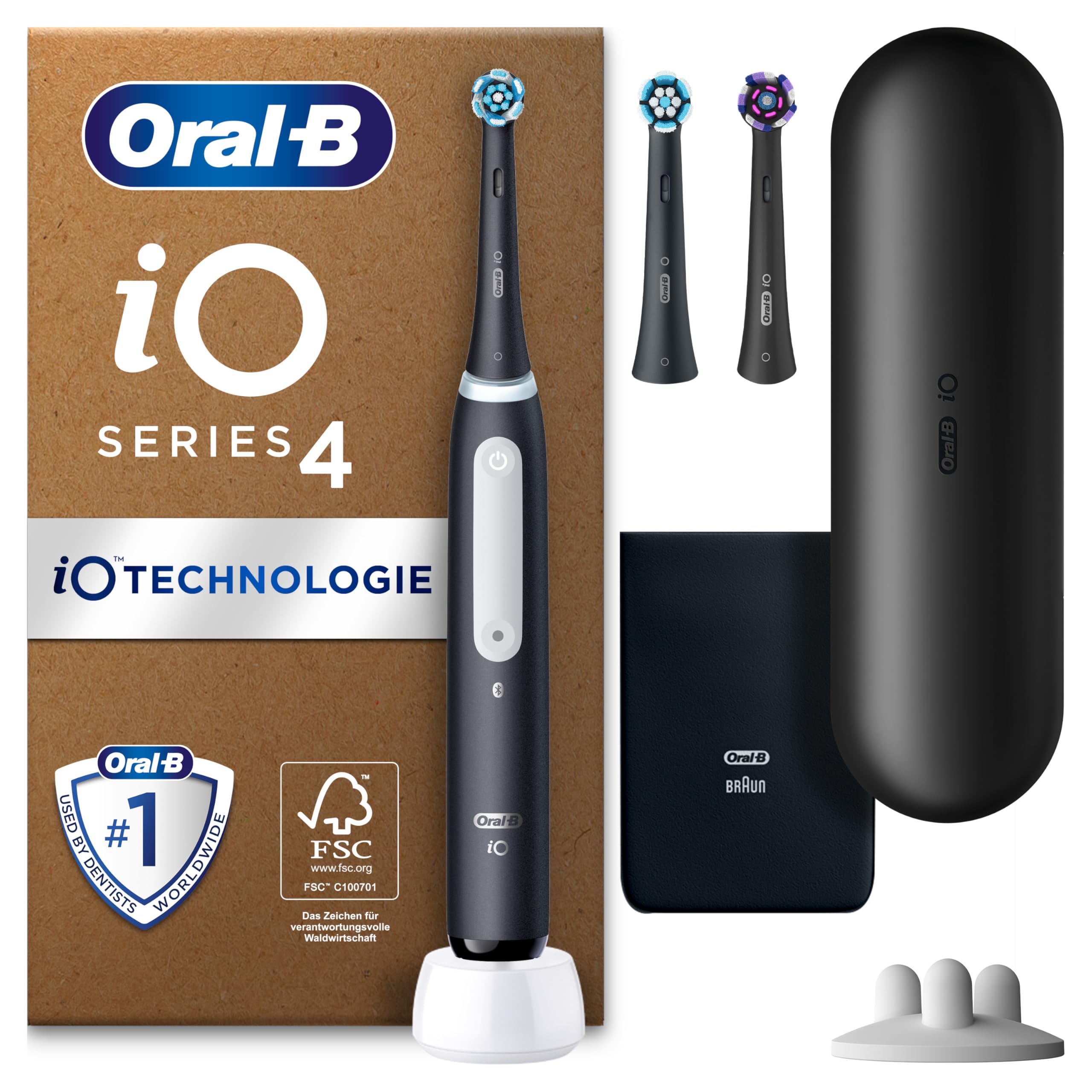 Oral-B iO Series 4 Plus Edition Elektrische Zahnbürste – matt schwarz (mit 3 Aufsteckbürsten, Reiseetui, Designed by Braun)