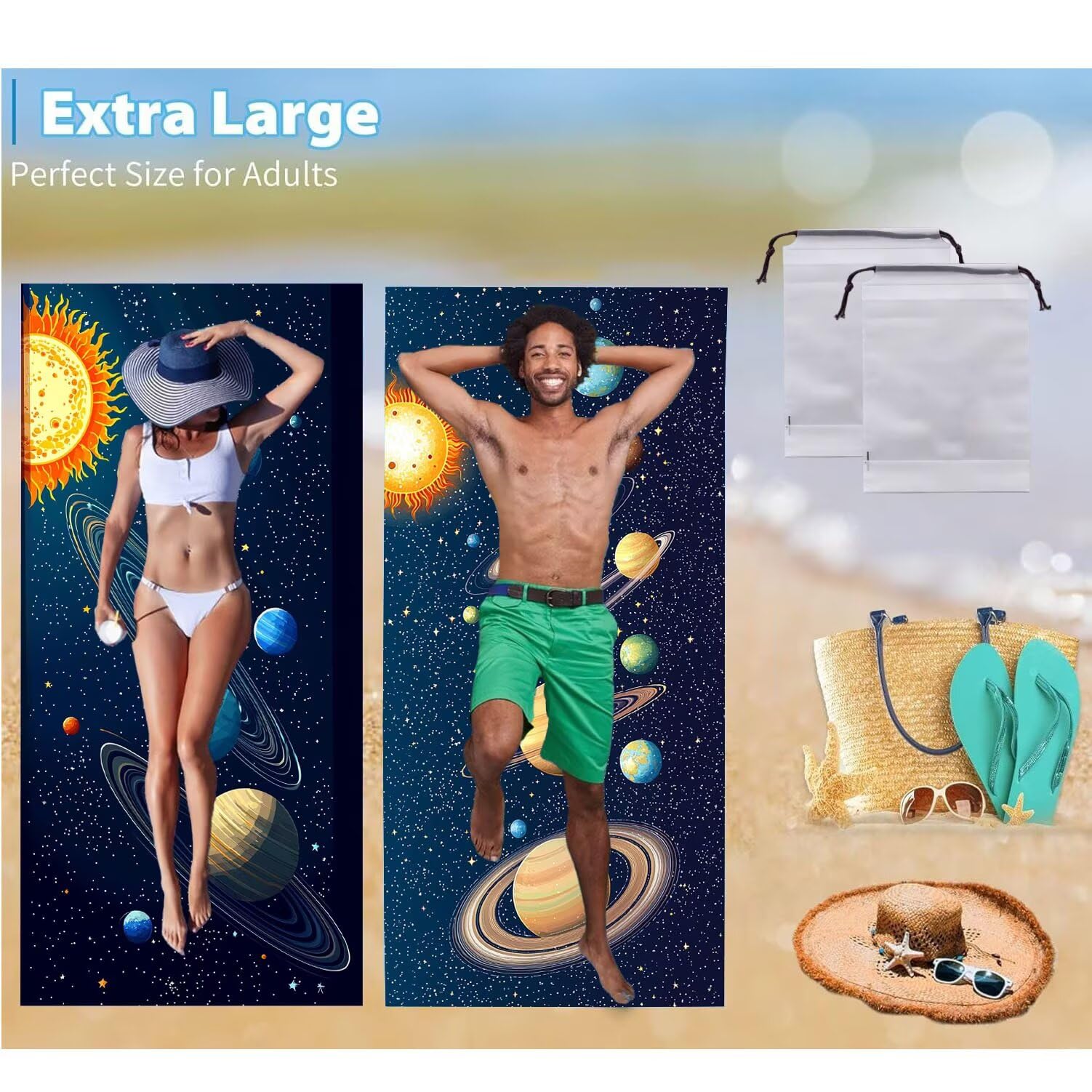 Duży ręcznik plażowy, 80 x 160 cm ręcznik z mikrofibry zapobiegający piaskowi, lekkie i szybkoschnące ręczniki plażowe, do podróży, sauny 2 szt. Mata plażowa, prezenty dla kobiet (planeta wszechświata