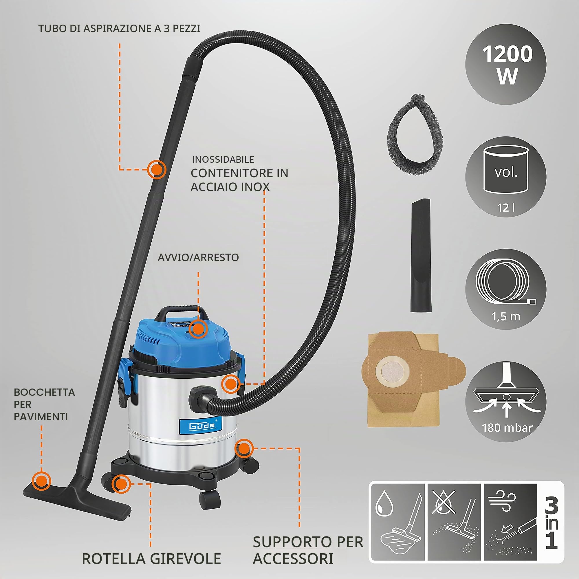 Güde Borsa L 17000, aspiratore asciutto GNTS 12 l, blu, argento, nero, 1200 W, 80 decibel, 28 x 29 cm