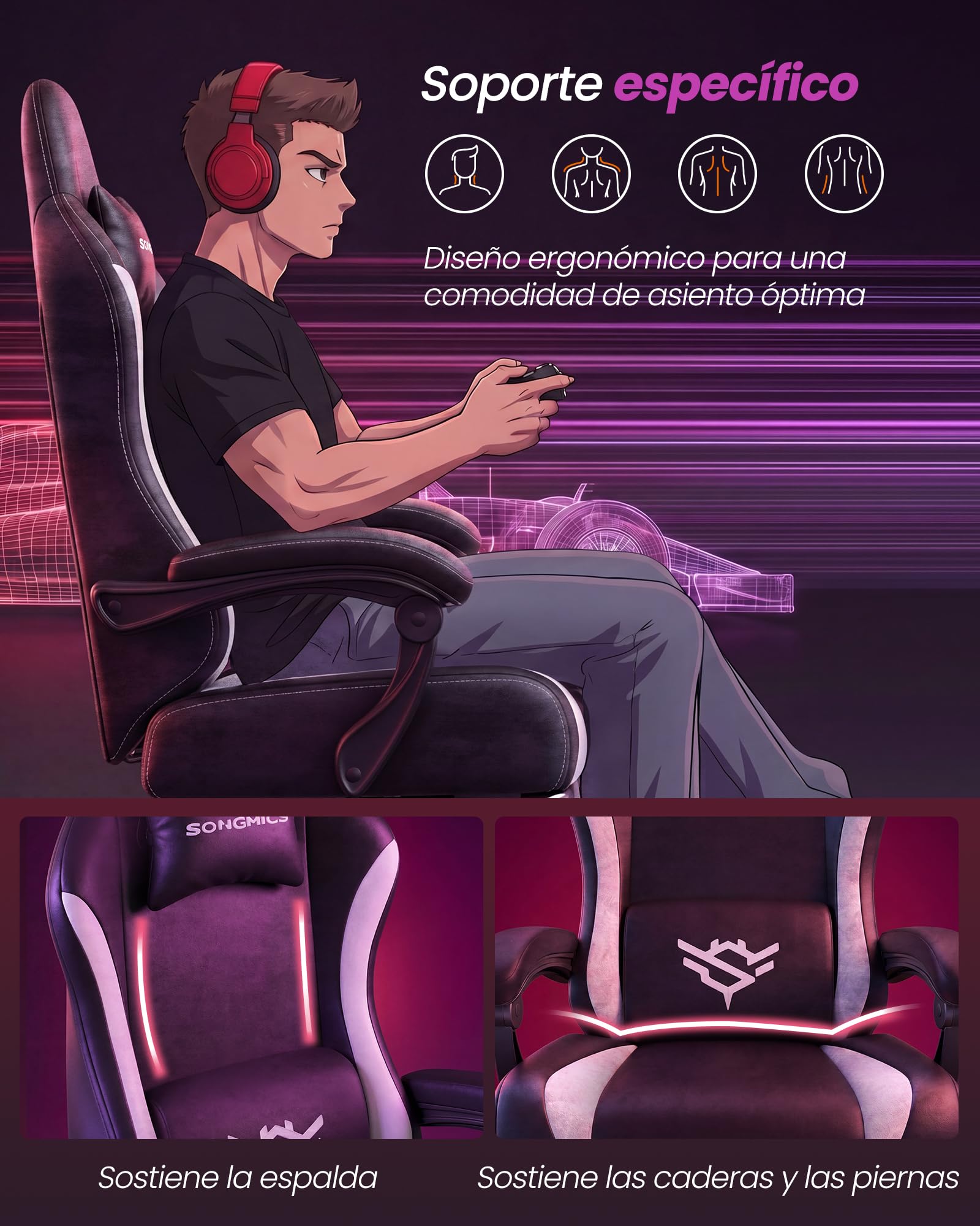 SONGMICS Silla Gaming, Silla de Escritorio Ergonómica de Poliéster, Reclinable 135° con Reposapiés, Soporte Lumbar, 70 x 70 x 120-130 cm, Negro y Blanco, Colección Cathy OBG092BH01