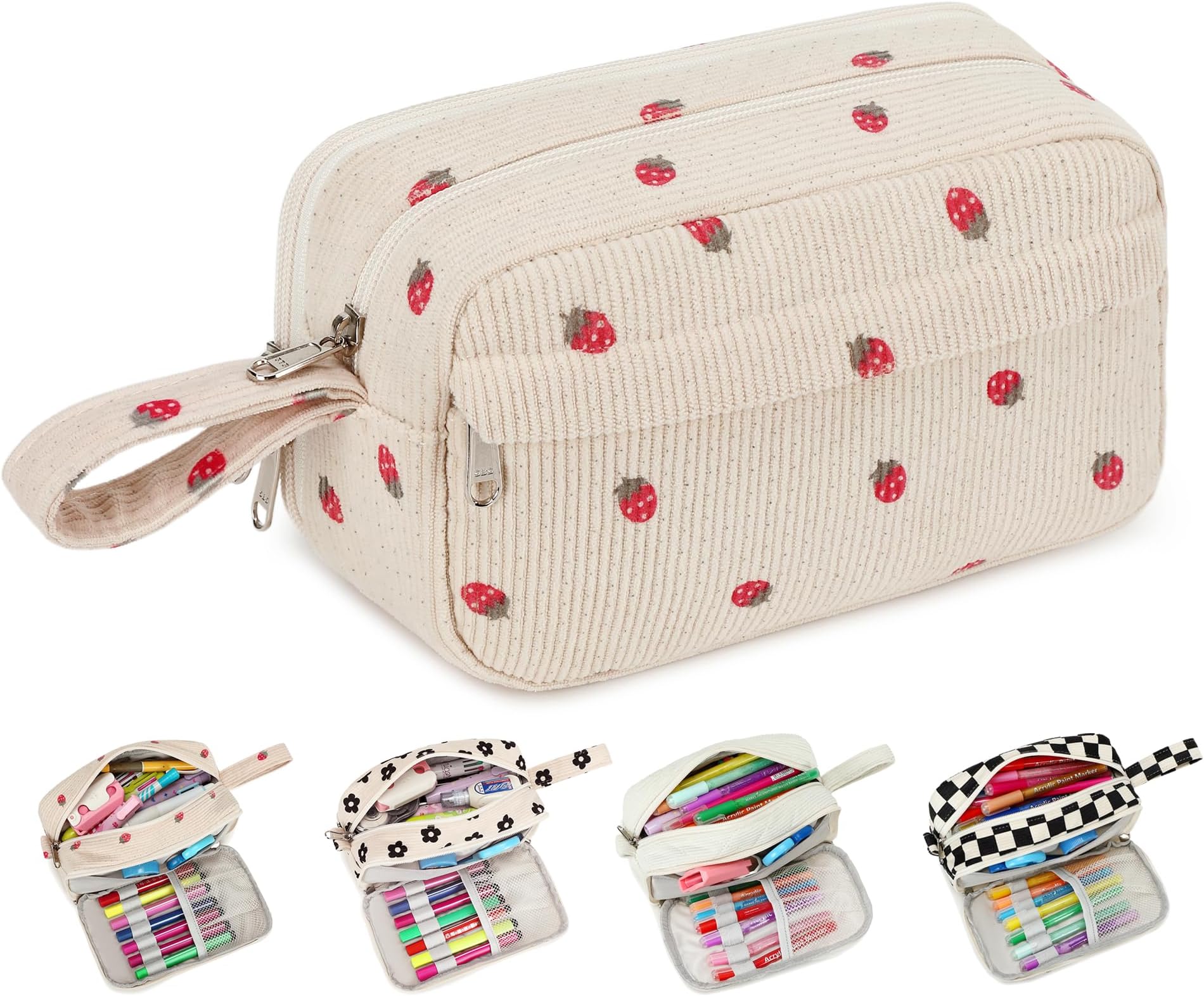 Bluboon Big Capacity Pencil Case Pencil Pouch Pen Case School Supplies Cute Pencil Box Pencil Bag for Teen Girls Boys Women Man (Strawberry Beige)