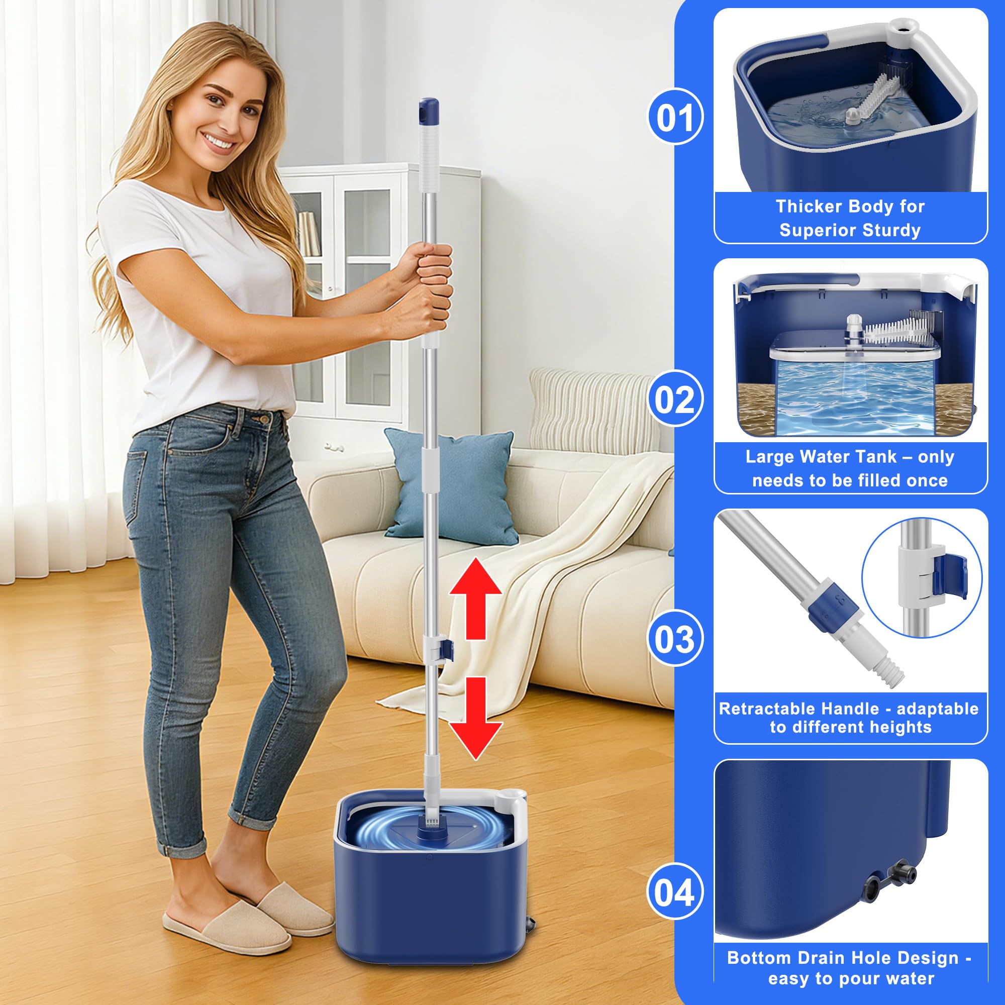Set di mocio rotante e secchio, separati per serbatoi d'acqua puliti e sporchi, testa in microfibra autorestringente a mani libere, mocio piatto per la pulizia di pavimenti in legno