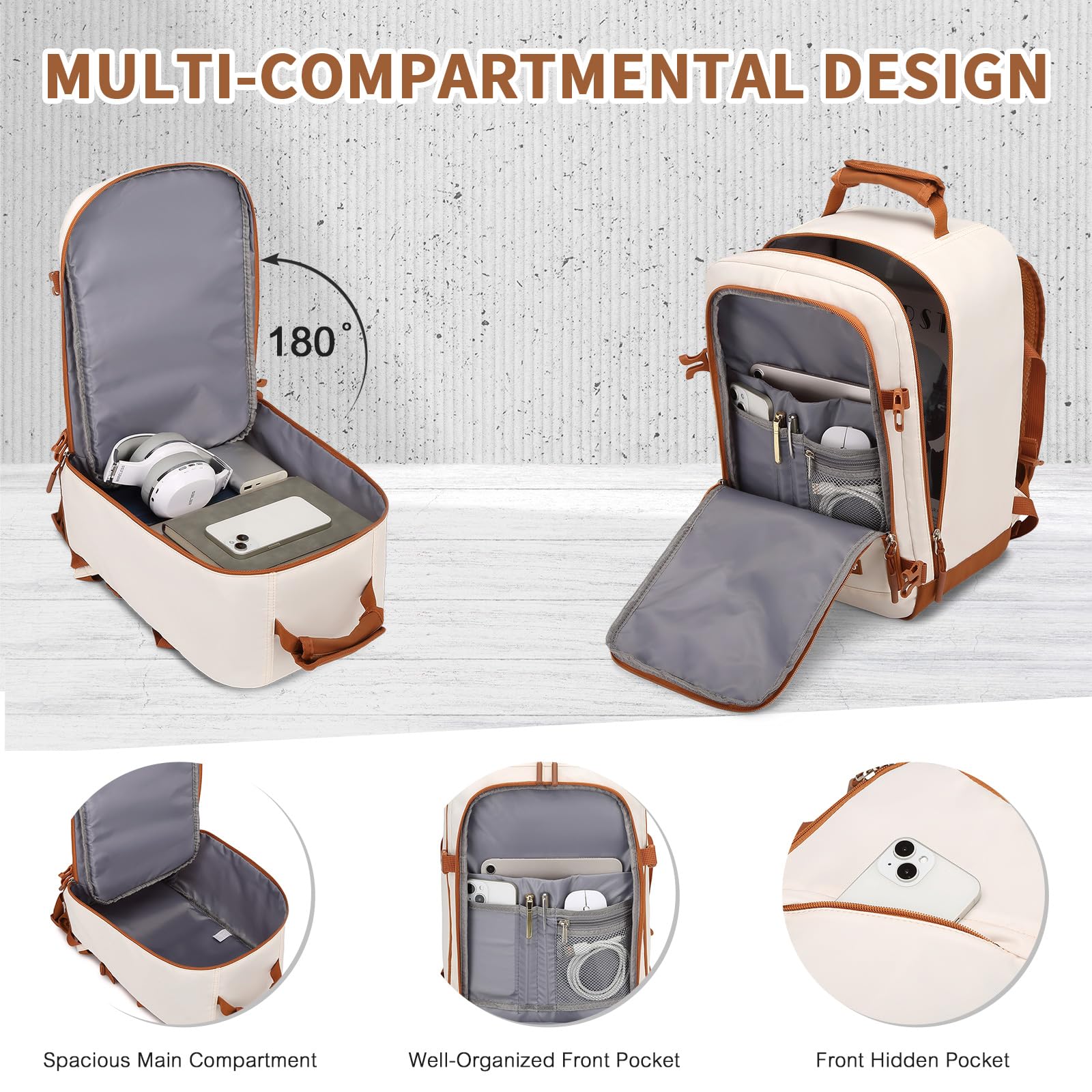Kono Ryanair Cabin Bags 40x30x20 40x20x25 Underseat Bags Travel Backpack Cabin Size Carry-ons Hand Luggage Bag Waterproof Ryanair Underseat Backpack for Man&Woman Beige — view 5