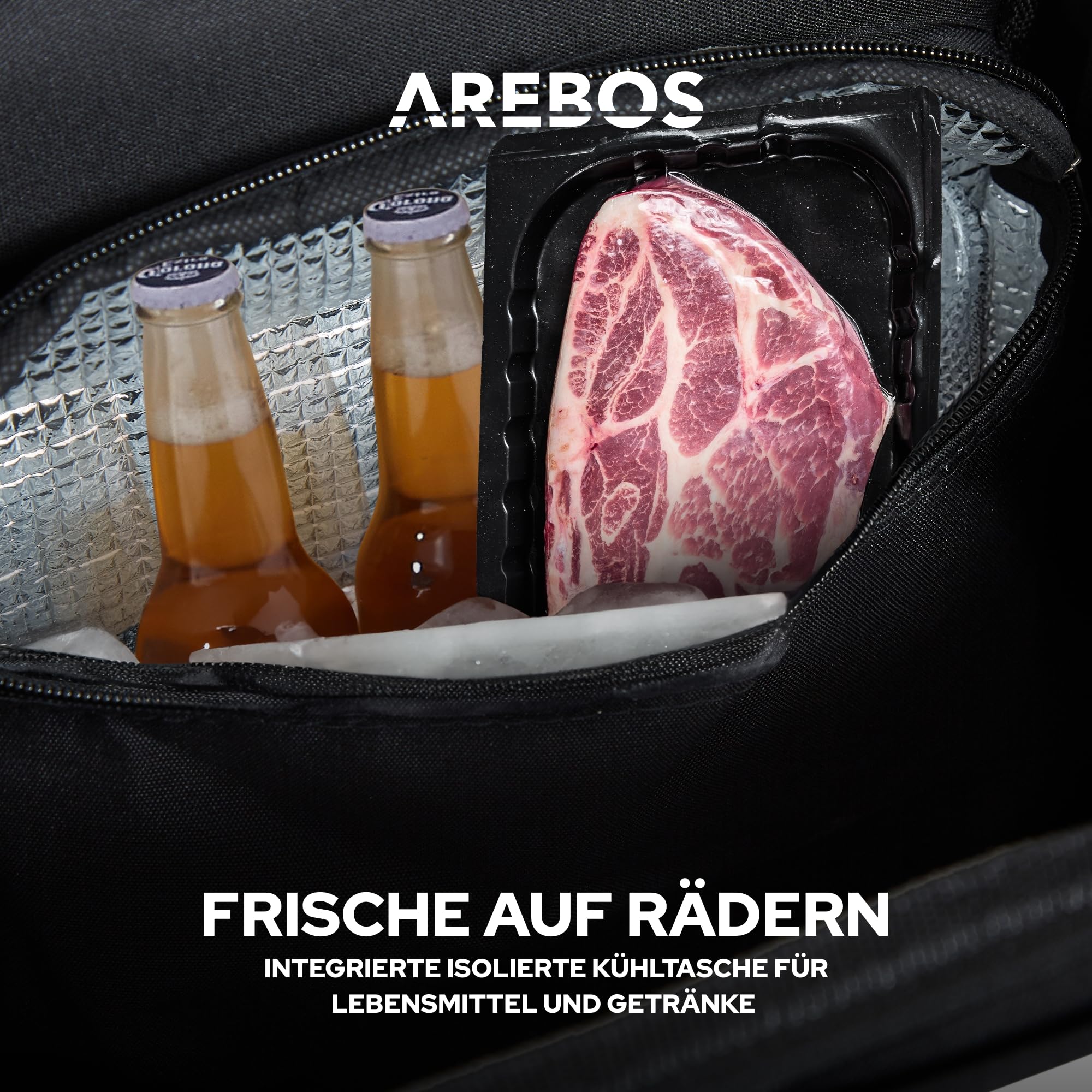 Arebos 3in1 Einkaufstrolley | Trolley groß 56 Liter | Einkaufswagen mit Kühlfach | Einkaufstasche mit Rollen | Klappbarer Shopper | klappbar Tasche abnehmbar | Einkaufsroller, Handwagen | Schwarz