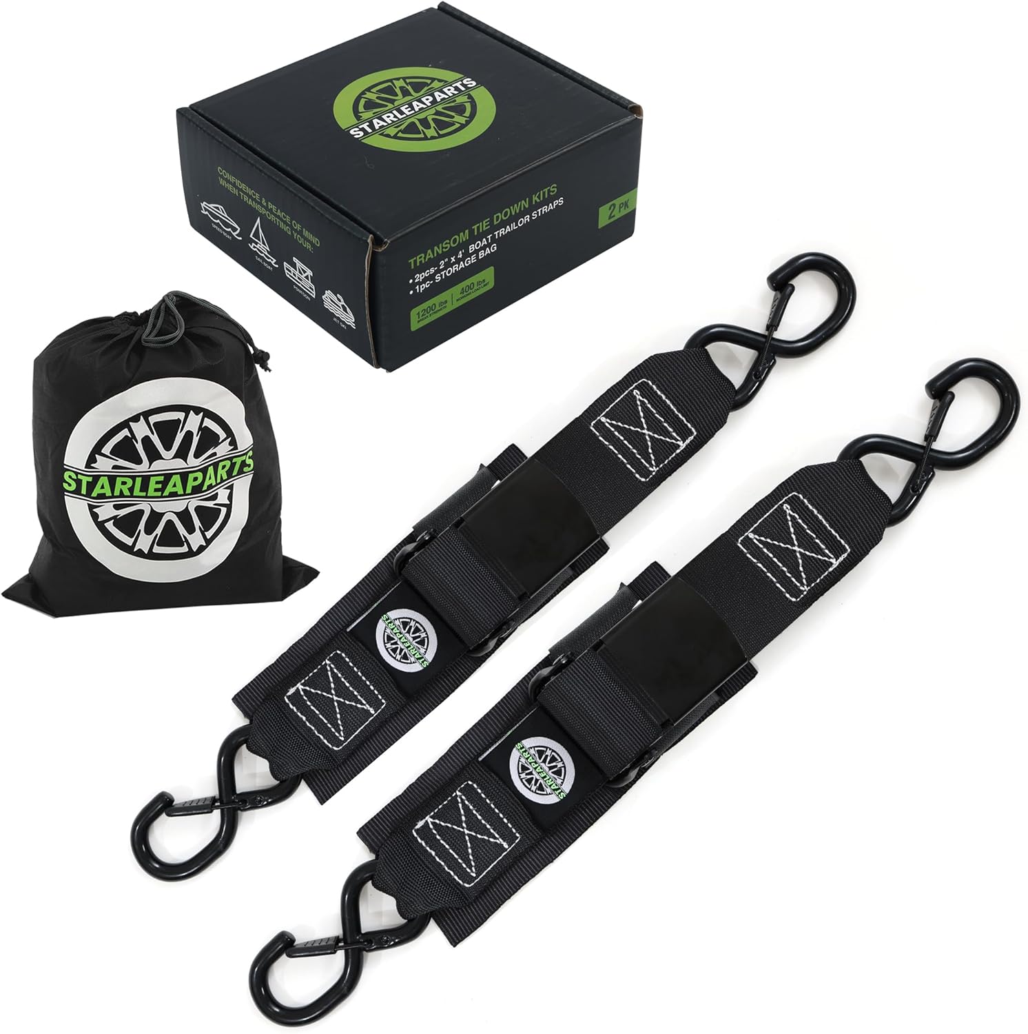 STARLEAPARTS Transom Tie Down Kits (2PK) -2" x 48" Boat Transom Straps - 1,200lb Break Strength Boat Straps for Trailer, Boat or Kayak Secure(Black)
