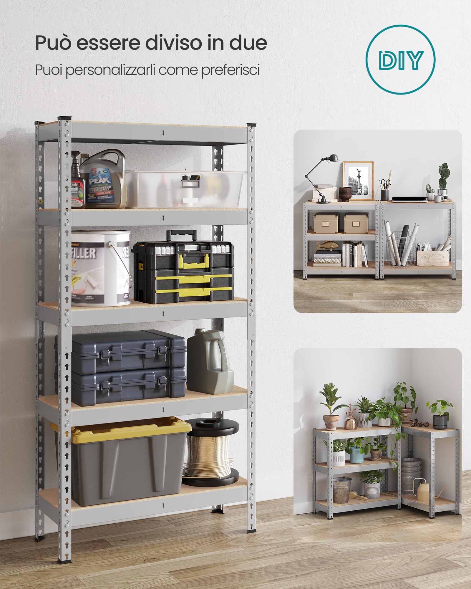 SONGMICS Scaffalatura a 5 Ripiani, Scaffale Portaoggetti, Montaggio Senza Bulloni, Ripiani Regolabili, 30 x 75 x 150 cm, Portante 875 kg, per Garage Magazzino Cantina, Argento GLR300E01