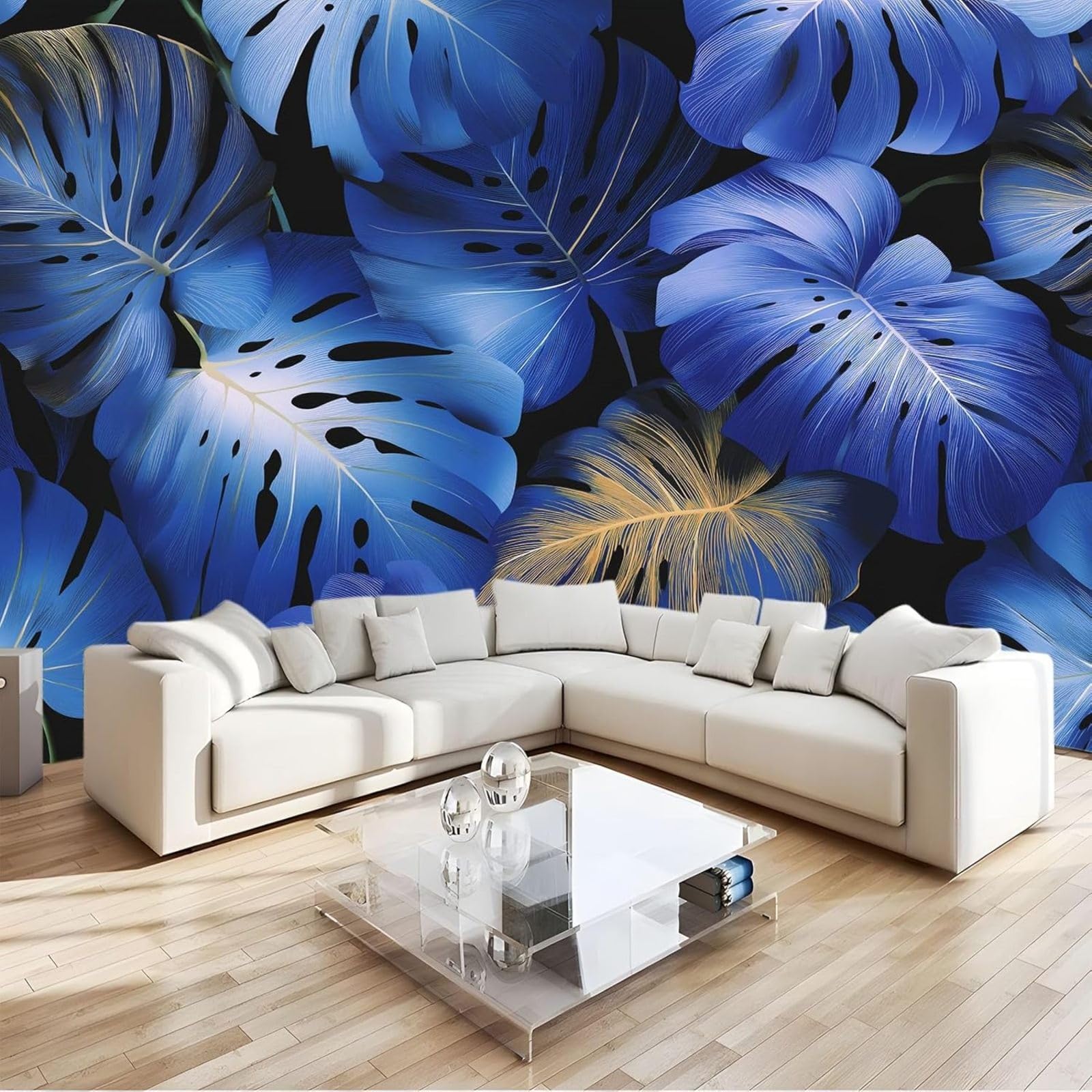 Tropical Plant Photo Wallpaper, Dark Blue Gradient Leaves, Non-woven Wallpaper for Living Room, Bedroom, Children's Room – Wall Decoration, 250cm x 175cm Stickers - Frameless Painting - Poster