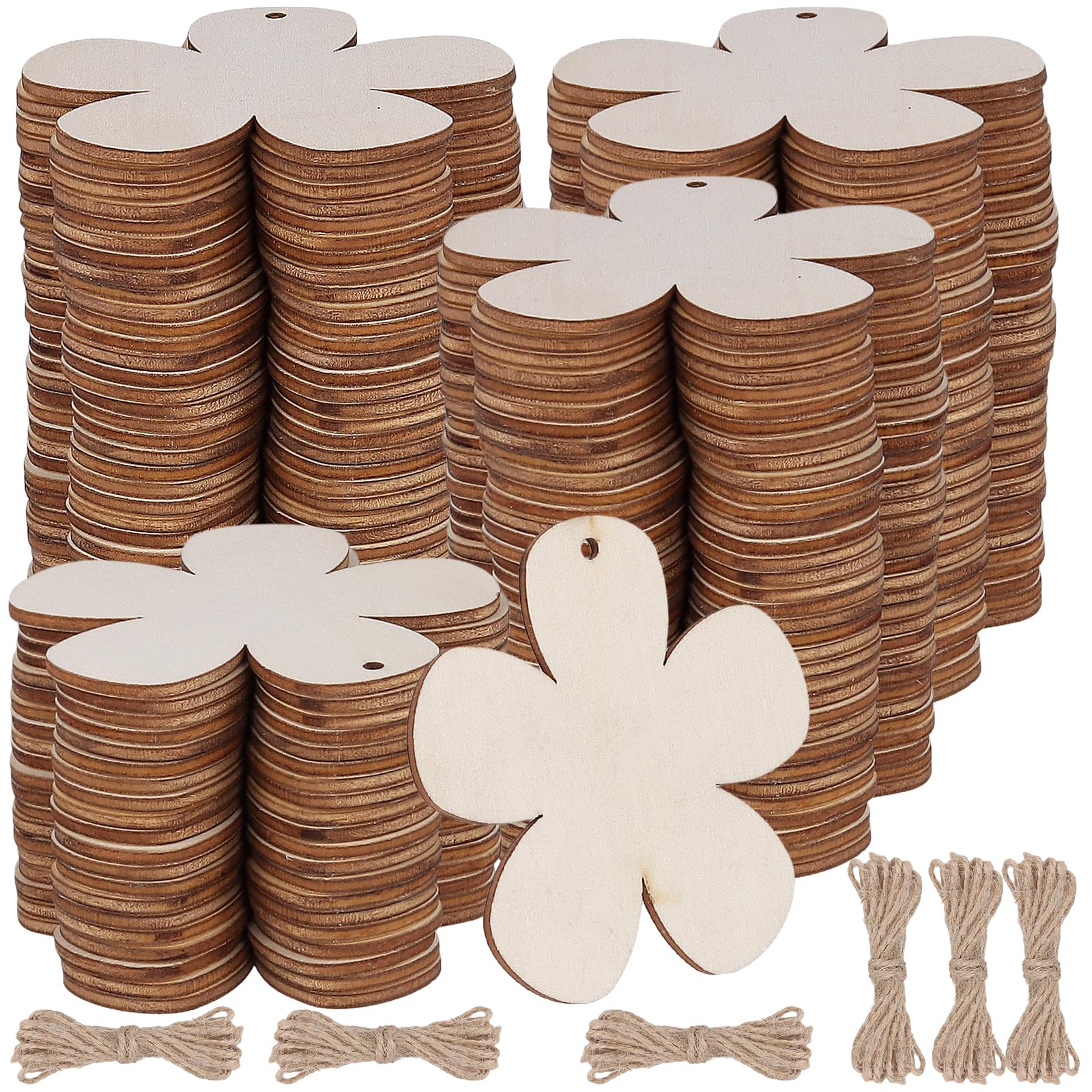 FUNSUEI 120Pcs Wooden Flower Shapes with Holes and Twine, Floral Wood Slices for Painting DIY and Party Decoration Projects