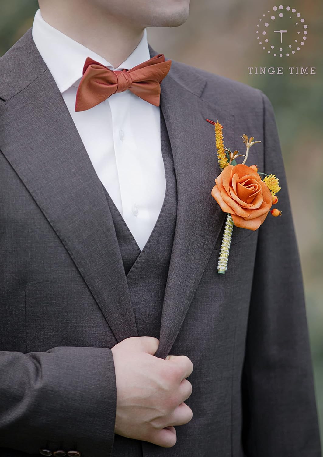 TingeTime Artificial Flower Boutonniere, Set of 6, Groom and Groomsmen Boutonniere for Wedding, Prom, Homecoming, Anniversary, Graduation(6, Miami Burnt Orange)
