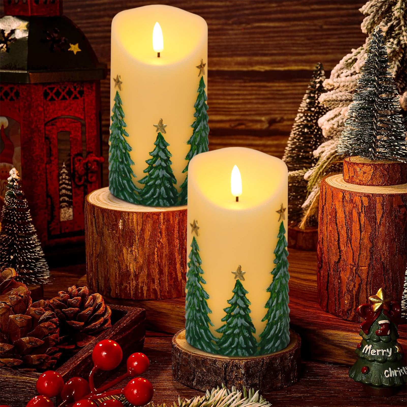 Candele a LED in rilievo per albero di Natale, con timer 6H, candele senza fiamma tremolante, pilastro ceroso, confezione da 2 pezzi, decorazione natalizia autunnale (7,6 x 14,5 cm)