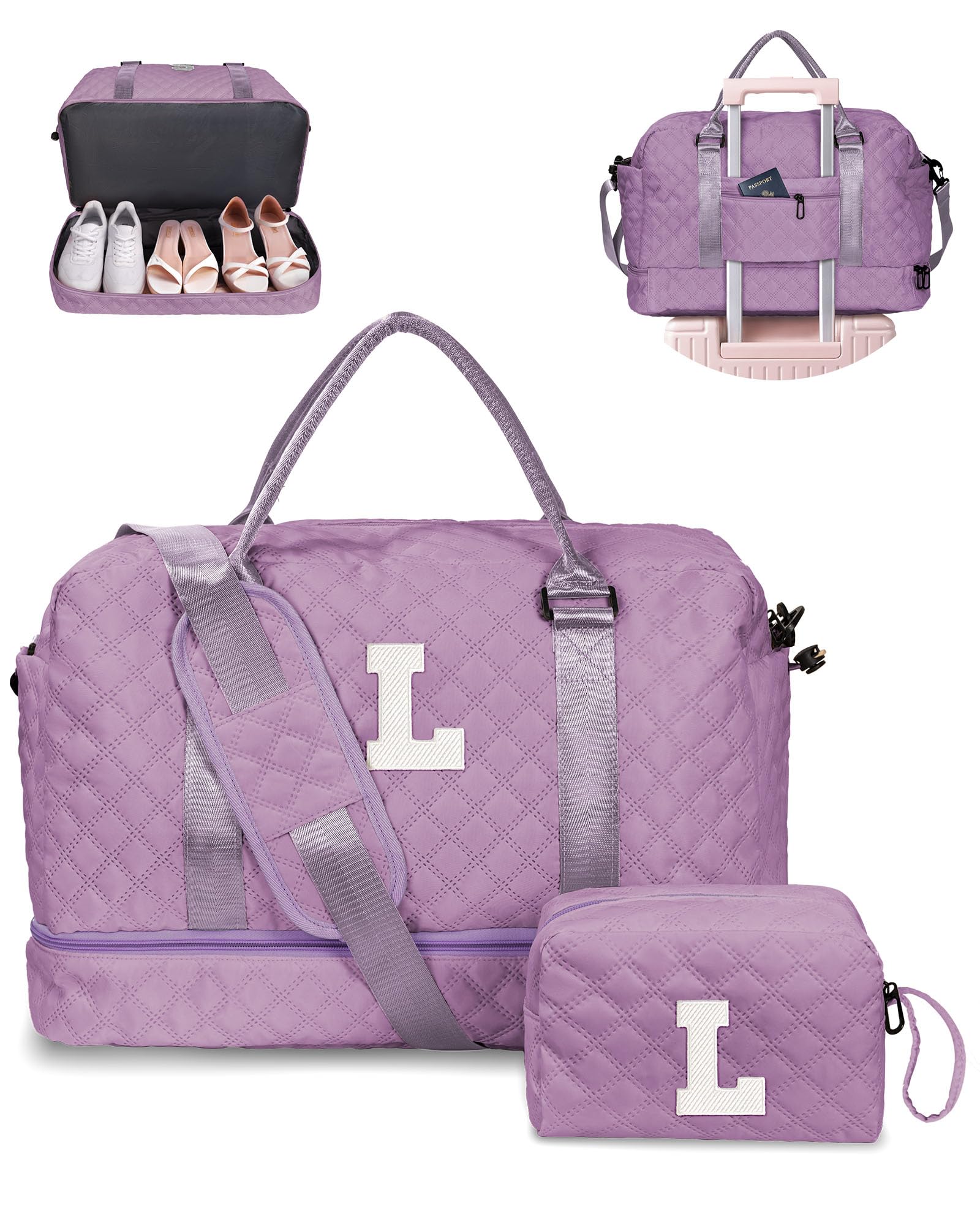 Vogewood Personalized Gifts-Girls Duffle With Shoe Compartment, Personalized Weekender, Monogram Overnight Bag, Letter Travel With Makeup Bag,