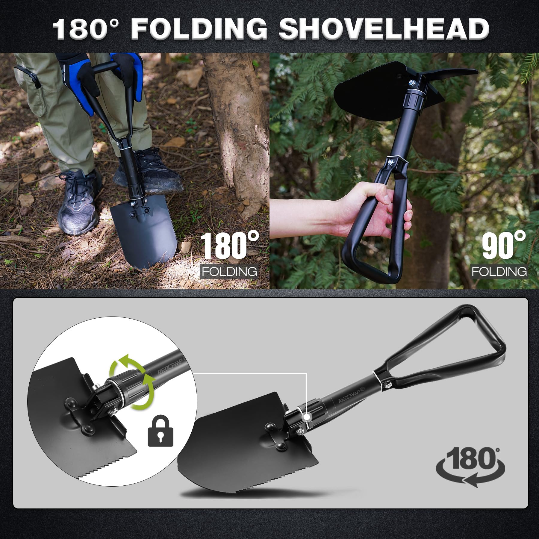 REDCAMP Pelle de camping pliante de survie de 58,4 cm avec housse, pelle robuste en acier au manganèse, outil d'enfoncement tactique avec poignée à trois volets, noire, 1,4 kg