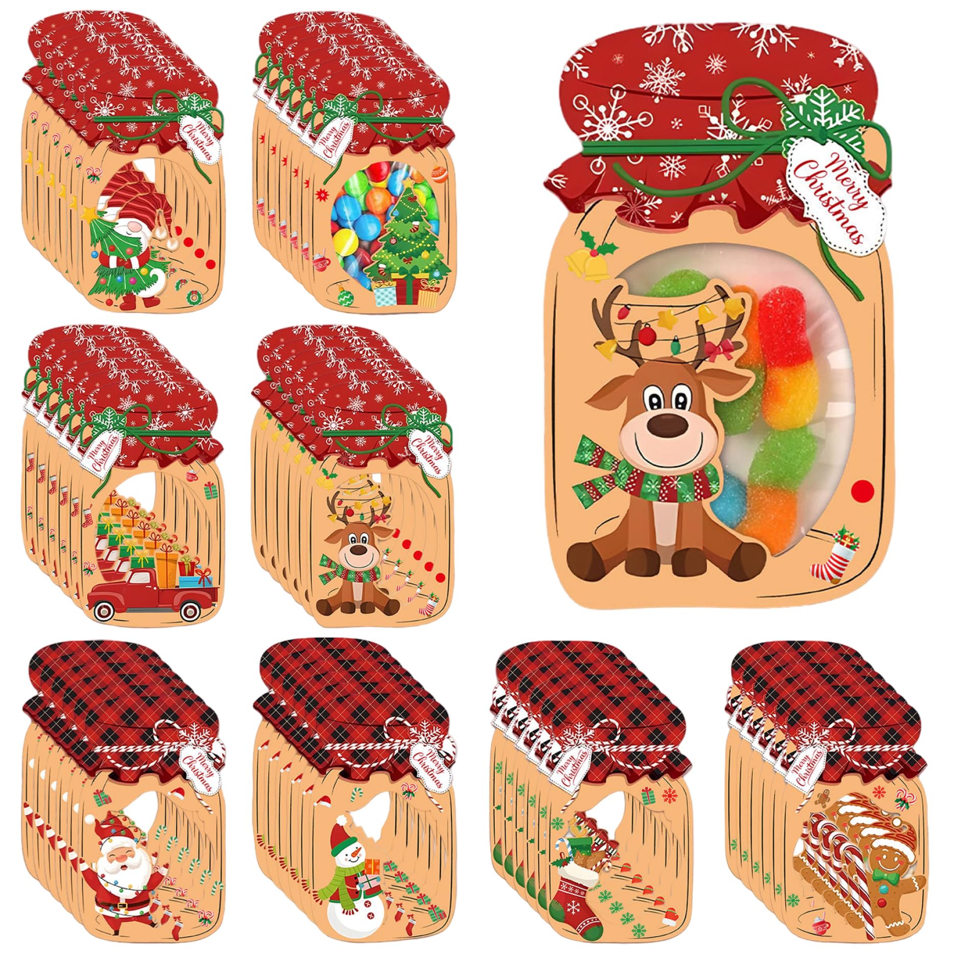 CAKEEYUM 48 Pack Mason Jar Christmas Cards with Clear Treat Bags DIY Christmas Candy Bags for Stocking Stuffers Kids Exchange Party Favors Classroom Prizes Cards, Party Favors, Christma