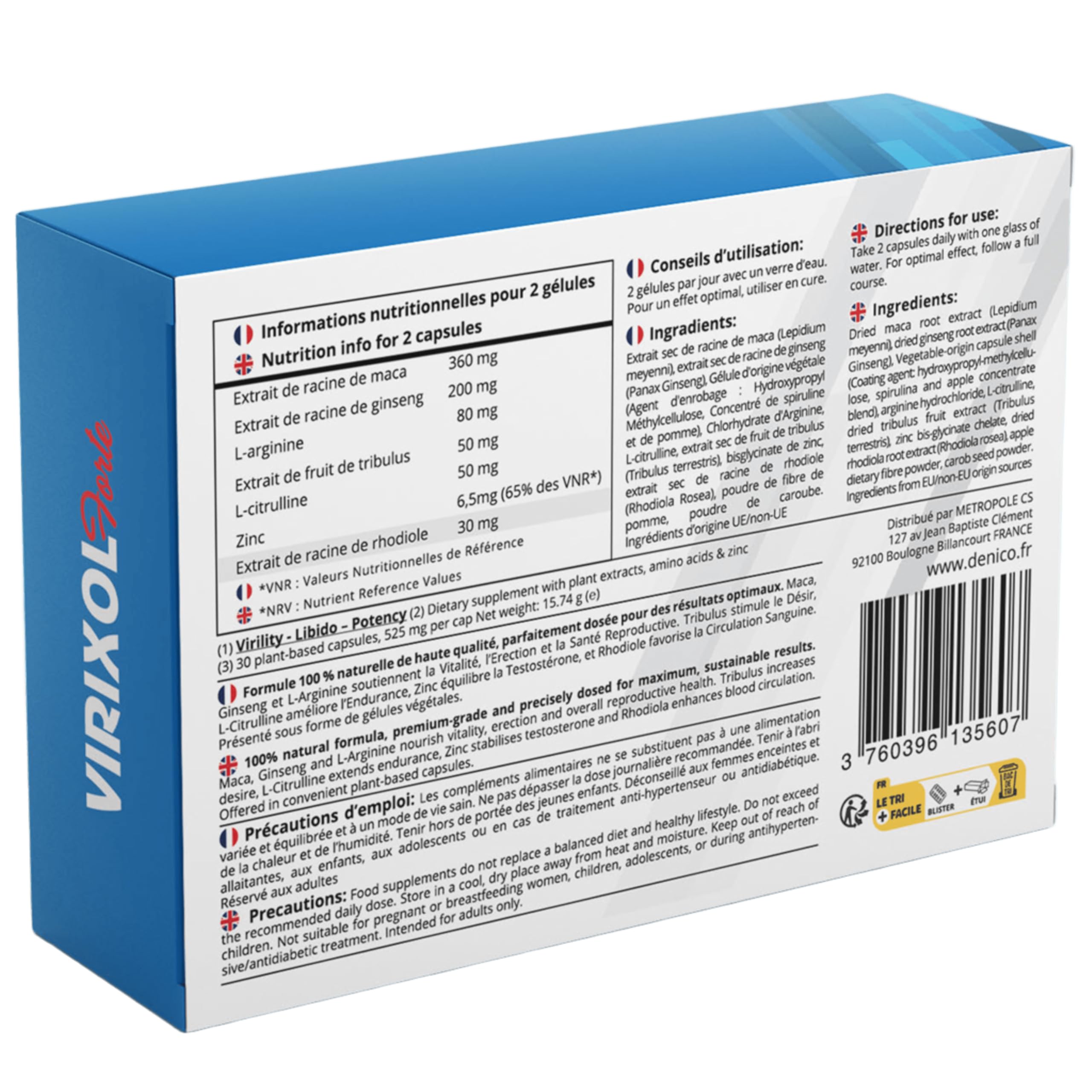 VIRIXOL FORTE® | Performance & Vitalité Masculine | Booster Libido, Érection & Virilité | Maca, Ginseng, Tribulus, L-Arginine, L-Citrulline, Zinc | 100% Naturel | Fabriqué en France | 30 Gélules