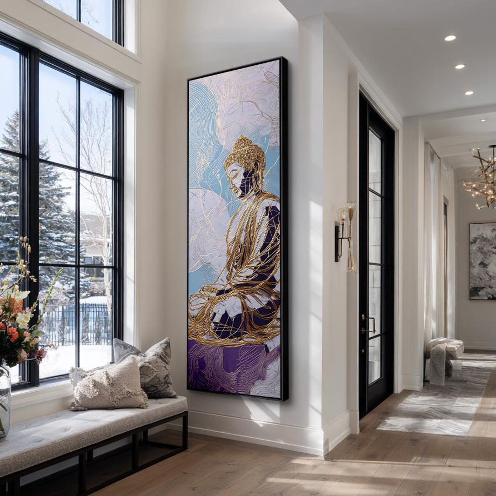 XBTYKPB Cuadro vertical de Buda para pared, pintura alta y estrecha para meditación, pieza de inspiración espiritual, decoración para sala de yoga (60x180cm/marco interior)