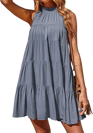 Okiwam Womens Summer Halter Dresses Sleeveless A Line Tiered Swing Mini 2025 Fall Casual Boho Beach Vacation Sundress