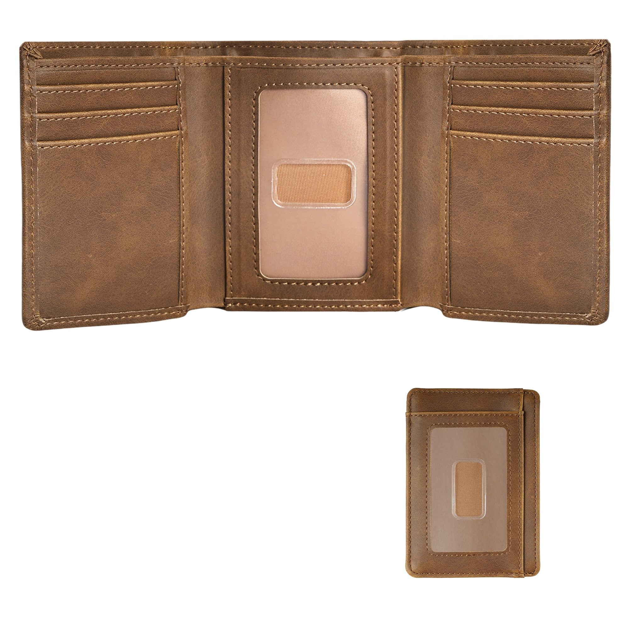 Happtiger Trifold Wallet for Men, Leather Wallets with 8 Card Slot and 2 Money Pocket and 1 Clear Photo Slot + 1 Minimalist Leather Card Pocket with 6