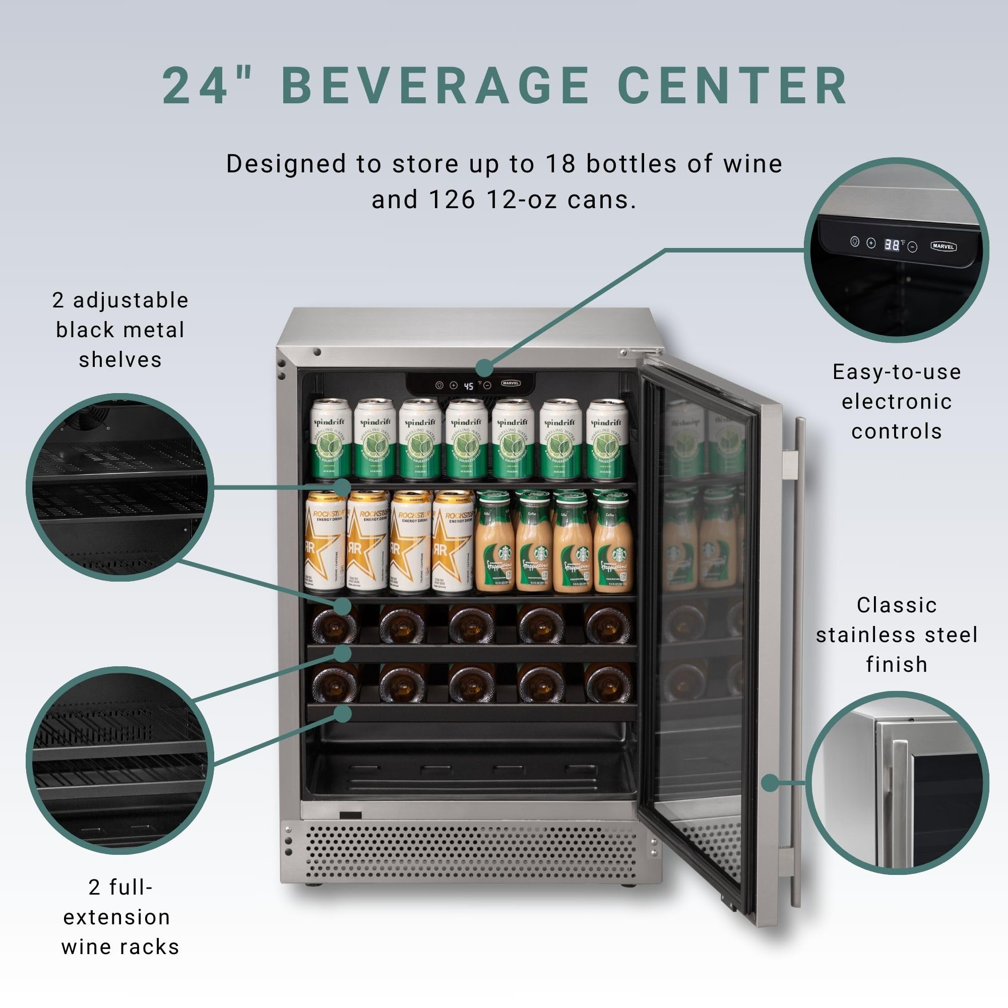 Marvel Northland Collection 24" Undercounter Beverage Center W/Glass Door, 2 Adjustable Shelves & 2 Full-Extension Wine Rack, Stores Up To 18 Wine Bottles And 126 12-Oz Cans, Indoor/Outdoor Rated on Fridge.com - View 2